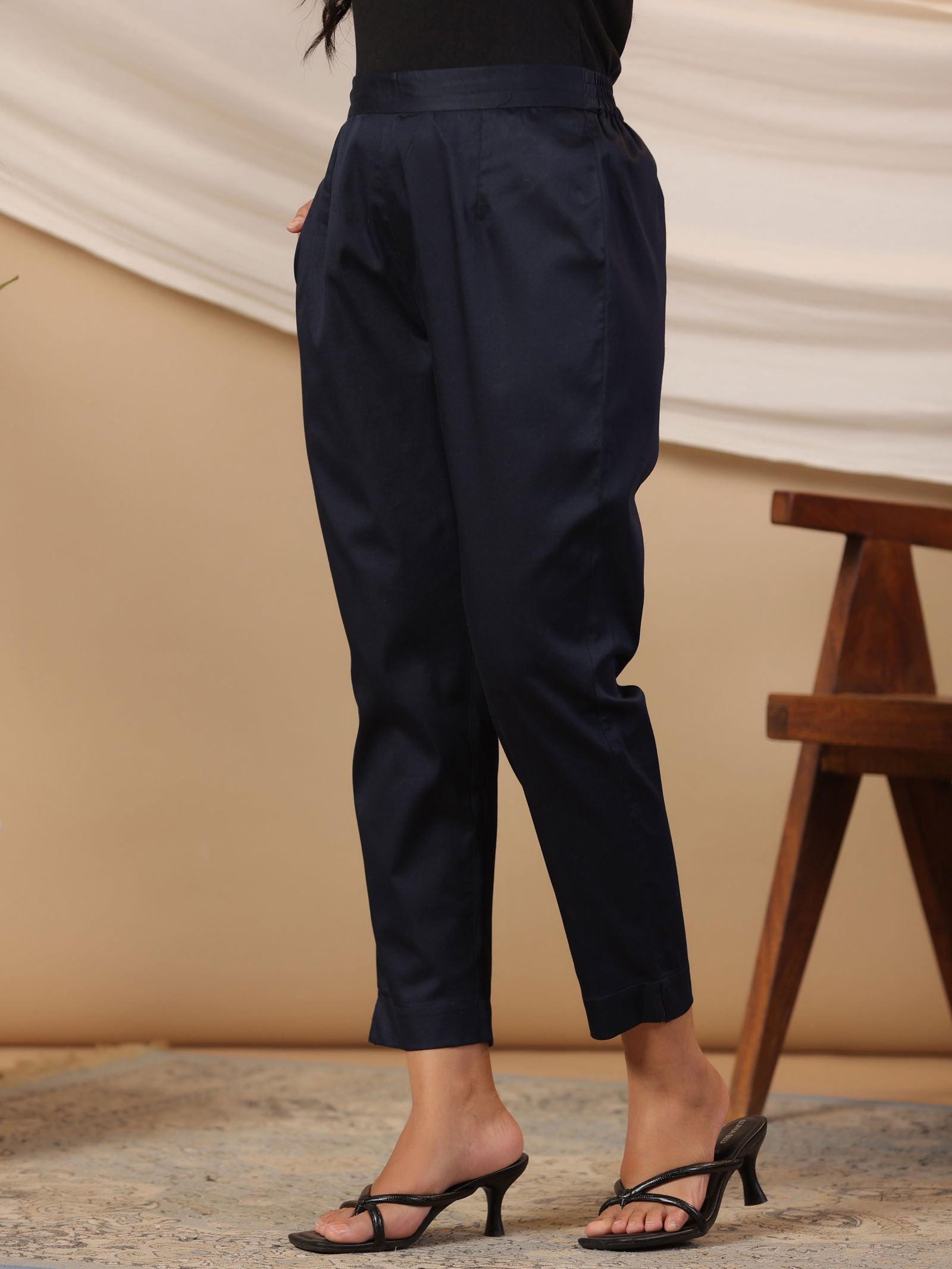 Juniper Blue Solid Lycra Women Drawstring Pants With Single Side Pocket 