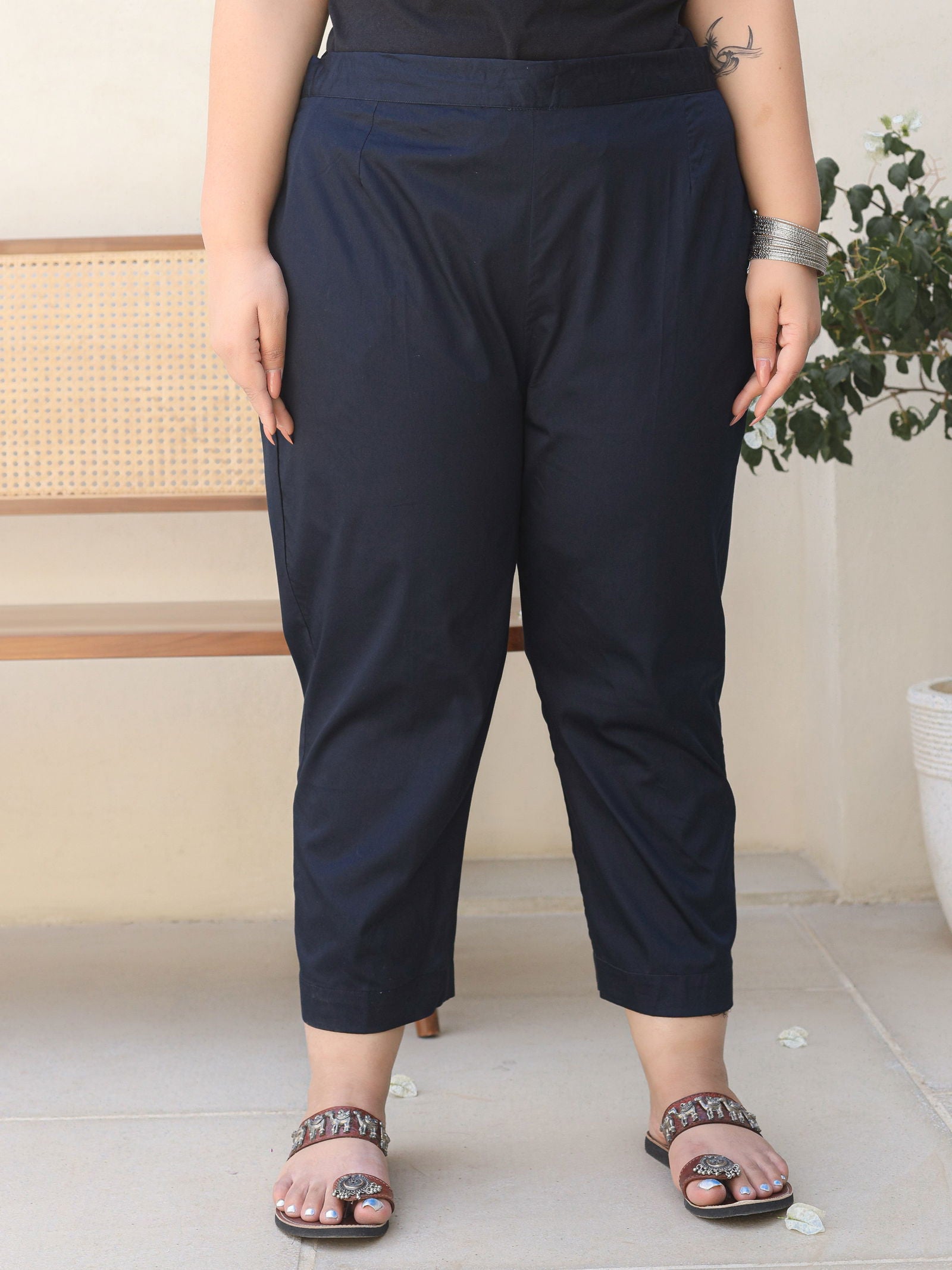 Juniper Blue Solid Lycra Women Drawstring Plus Size Pants With Single Side Pocket 