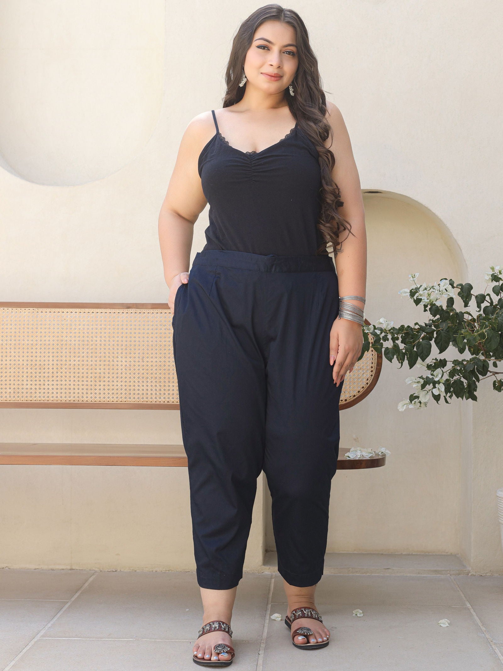 Juniper Blue Solid Lycra Women Drawstring Plus Size Pants With Single Side Pocket 