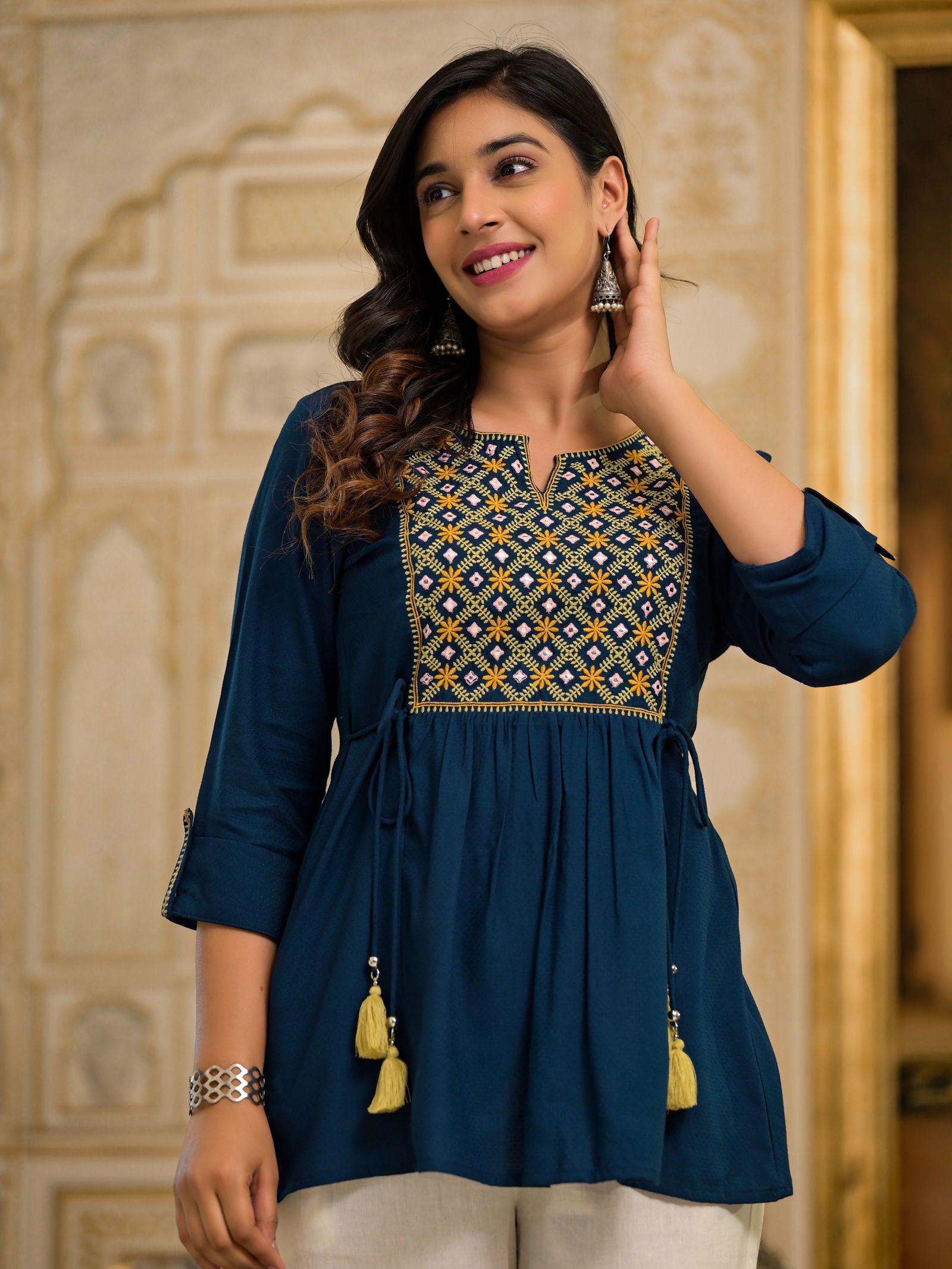Juniper Blue Thread Embroidered Rayon Tunic With Mirror Work & Tassels 