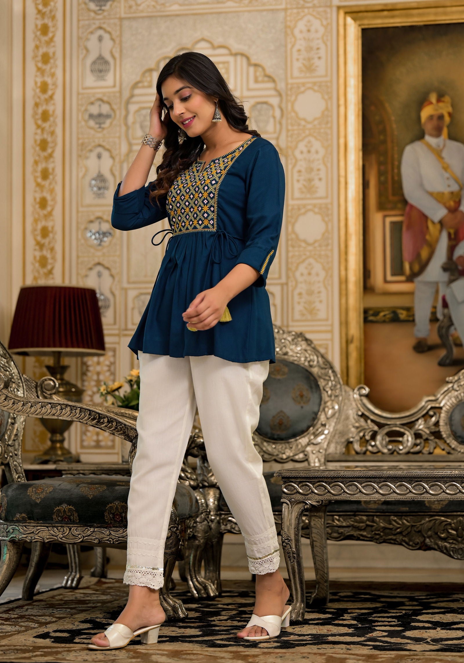 Juniper Blue Thread Embroidered Rayon Tunic With Mirror Work & Tassels 