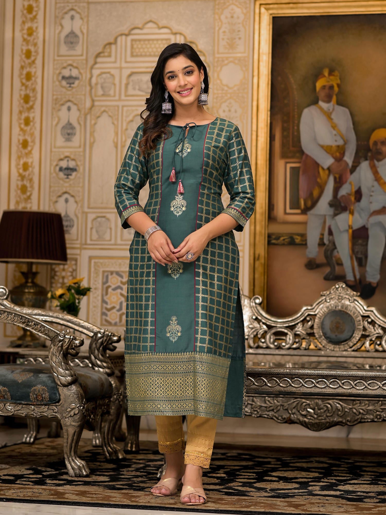 Juniper Bottle Green Ethnic Motif Printed Cotton Women Kurta With Dori Detail 