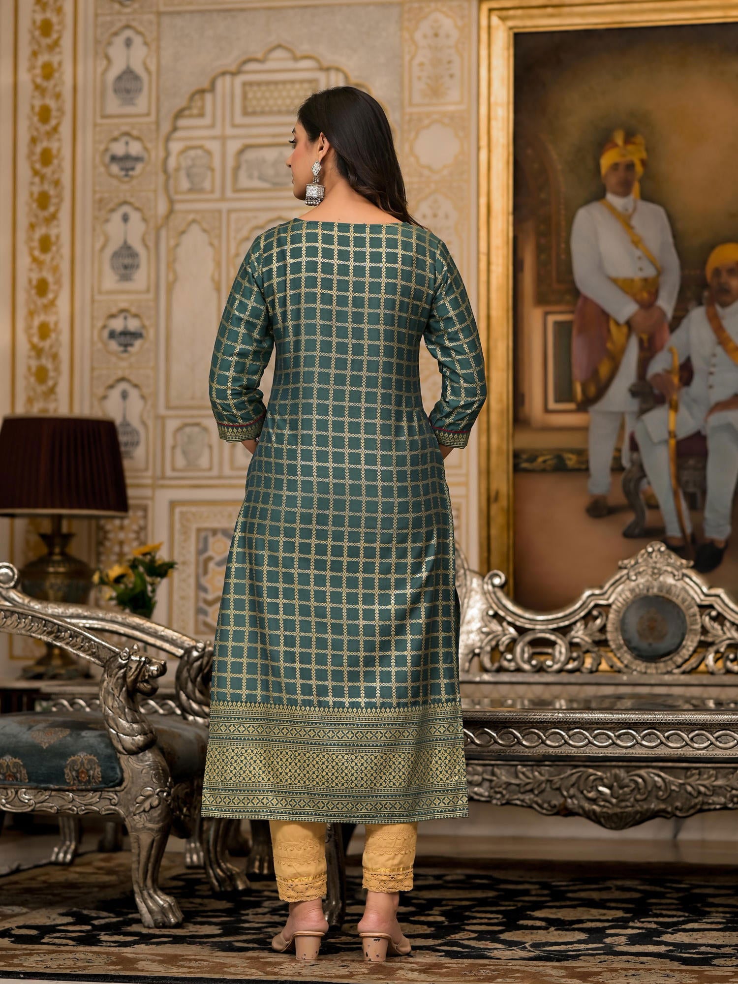 Juniper Bottle Green Ethnic Motif Printed Cotton Women Kurta With Dori Detail 