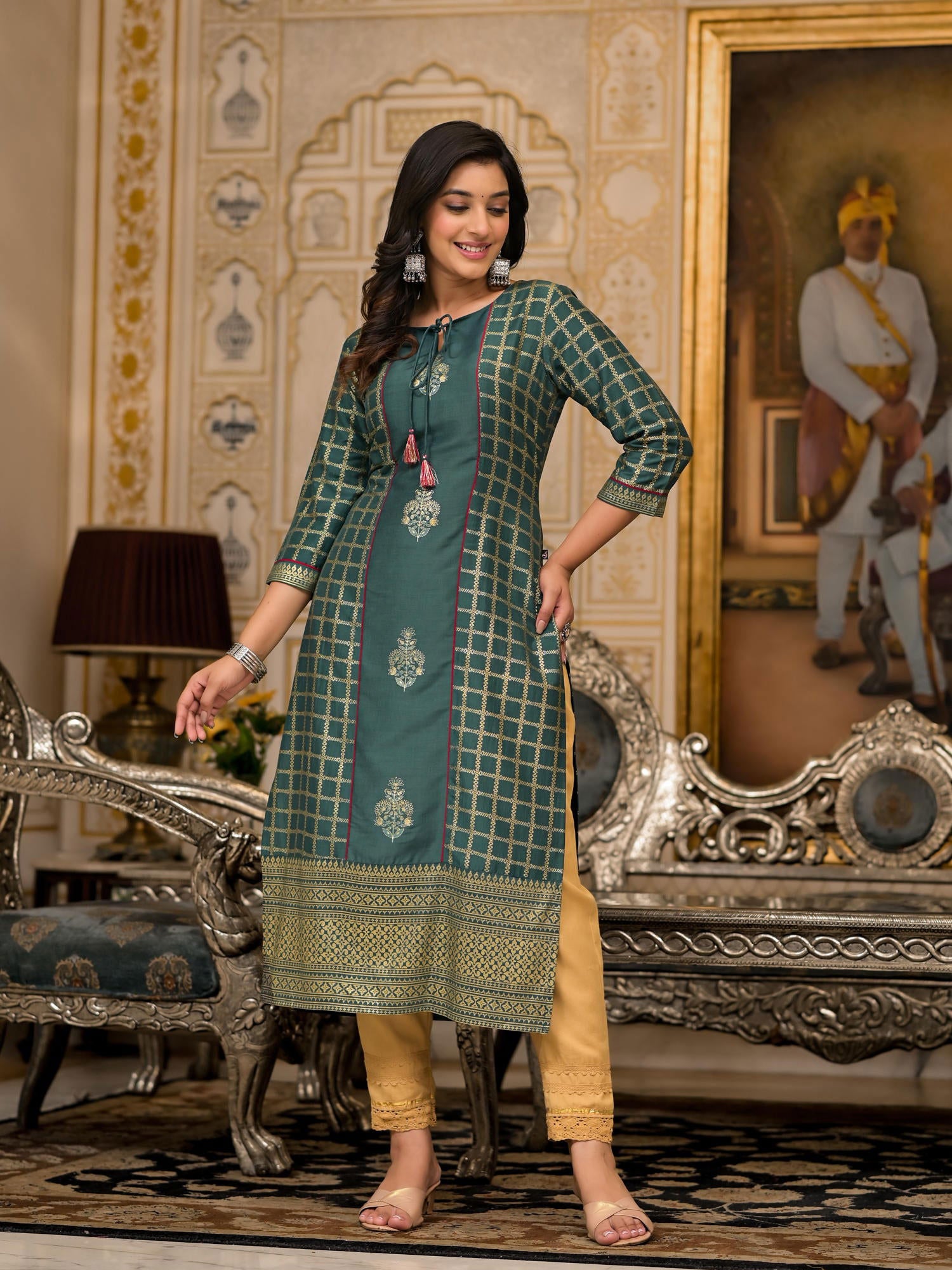 Juniper Bottle Green Ethnic Motif Printed Cotton Women Kurta With Dori Detail 
