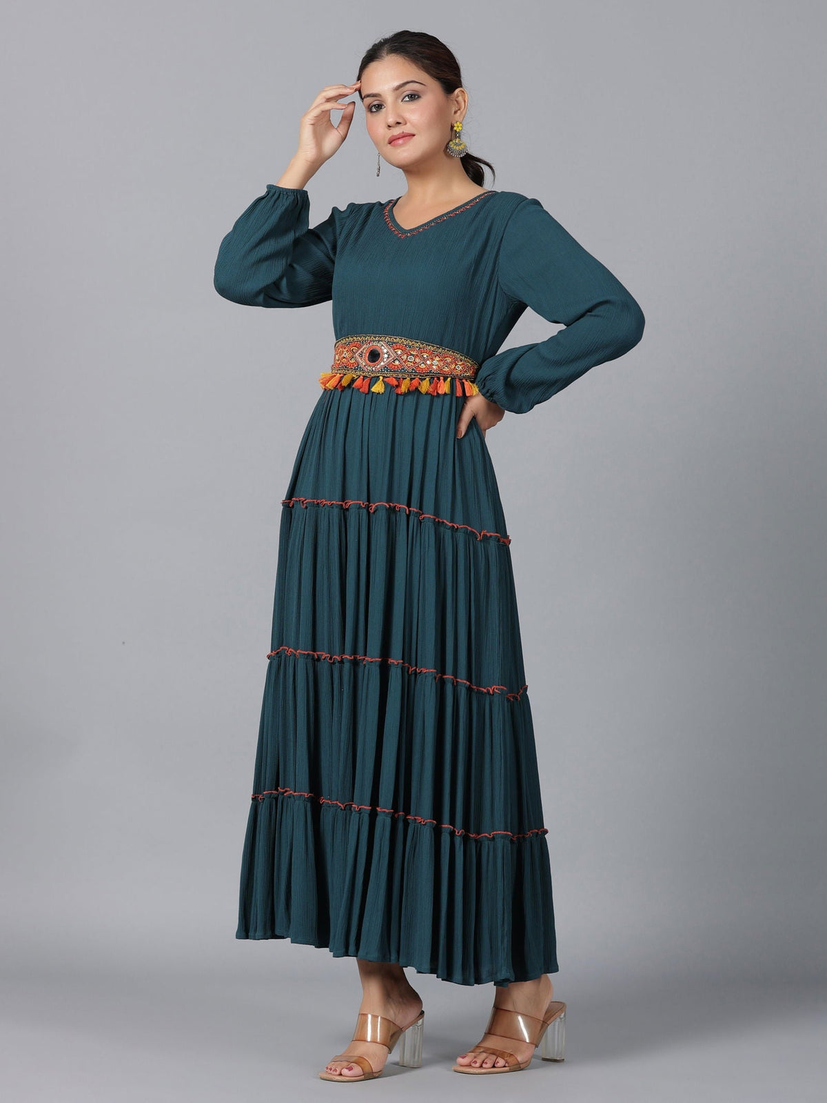 Bottle Green Rayon Crepe Tiered Maxi Dress with Thread Embroidery