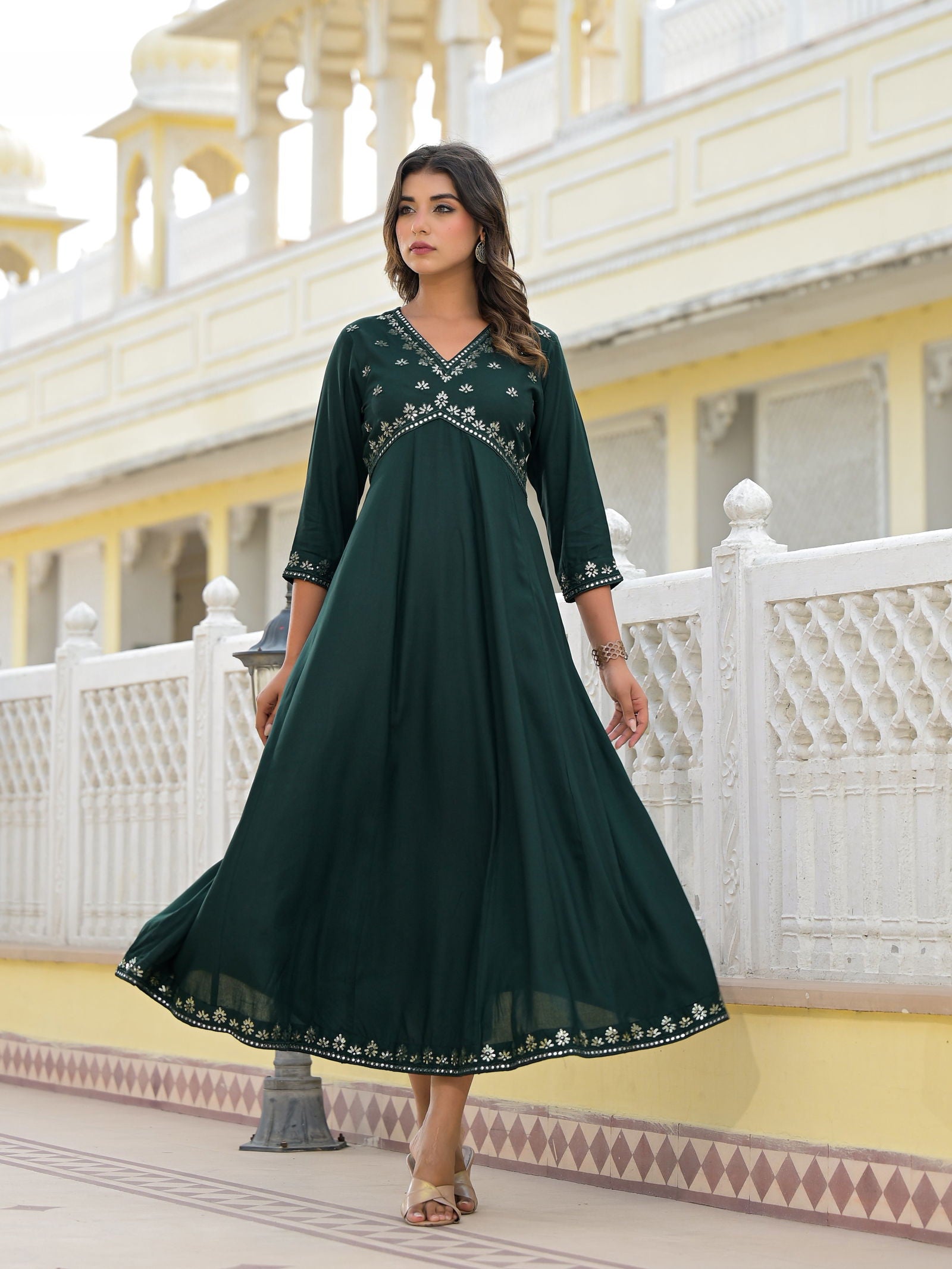 Juniper Bottle Green Mirror Embroidered Rayon Dress With Sequins 