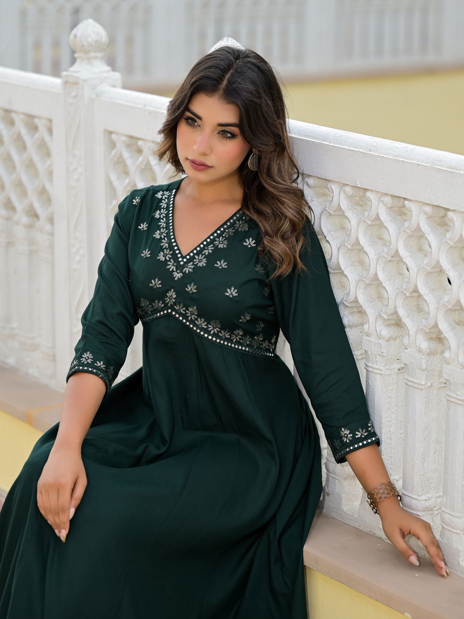 Juniper Bottle Green Mirror Embroidered Rayon Dress With Sequins 