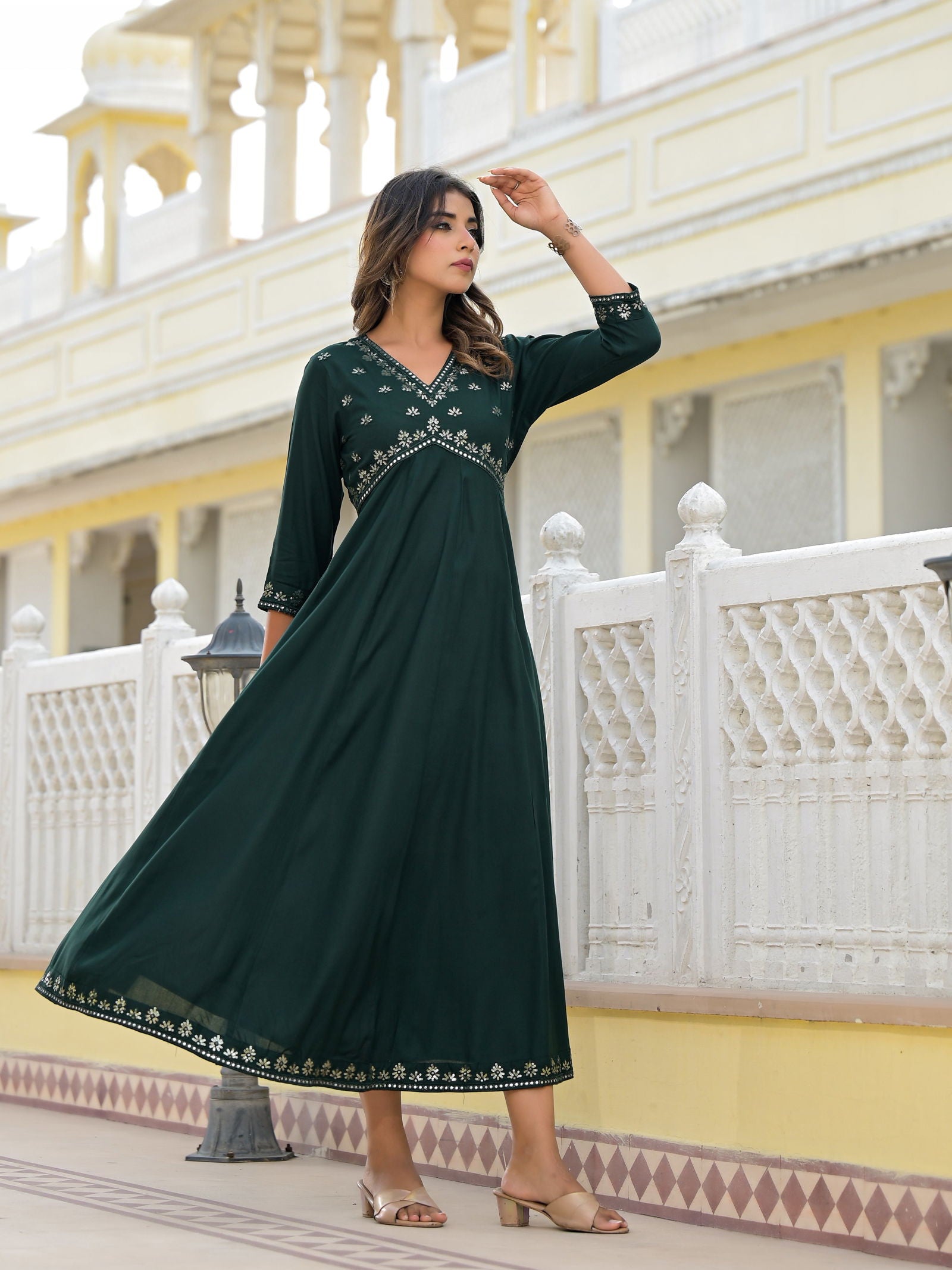Juniper Bottle Green Mirror Embroidered Rayon Dress With Sequins 
