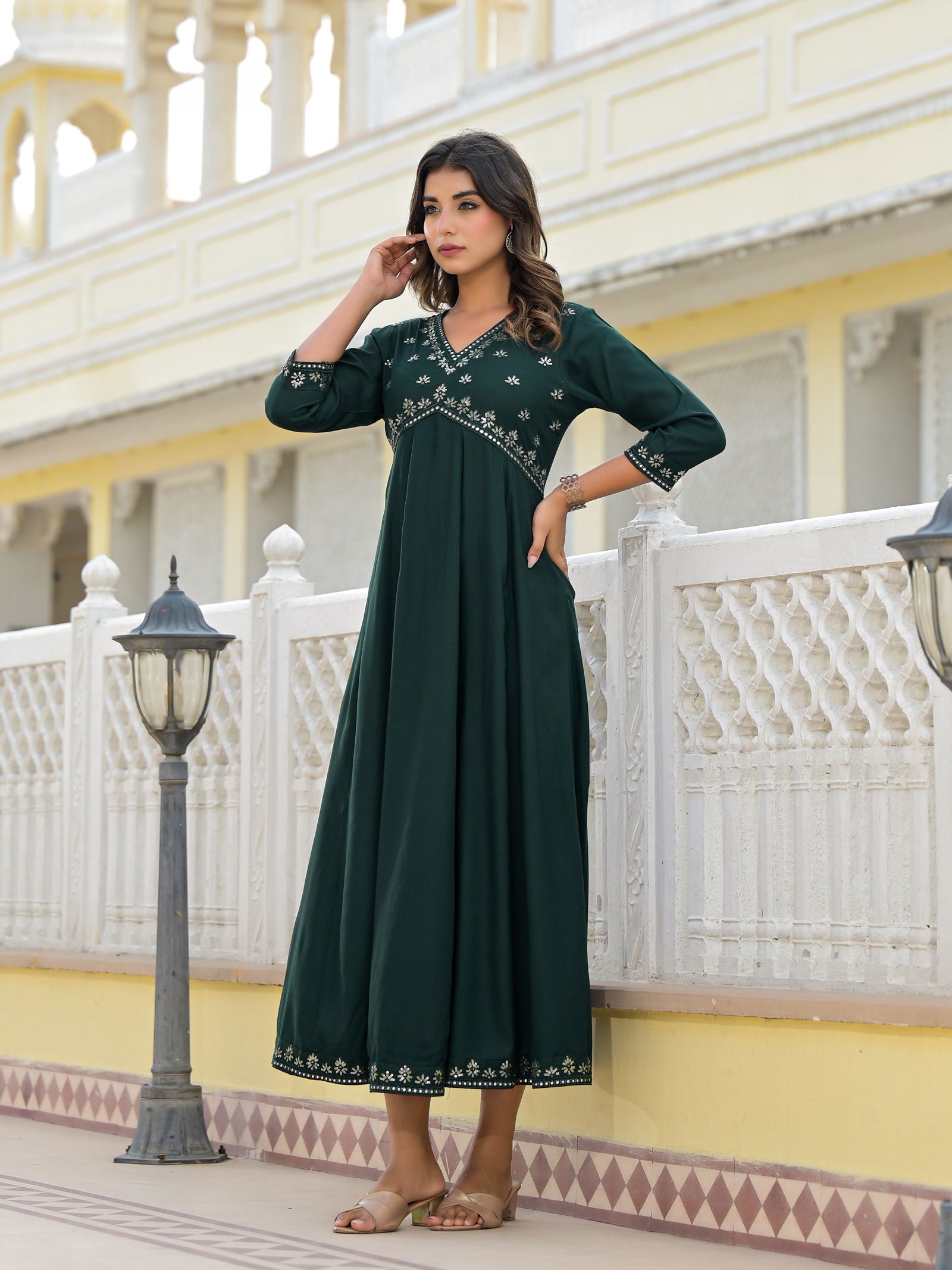 Juniper Bottle Green Mirror Embroidered Rayon Dress With Sequins 