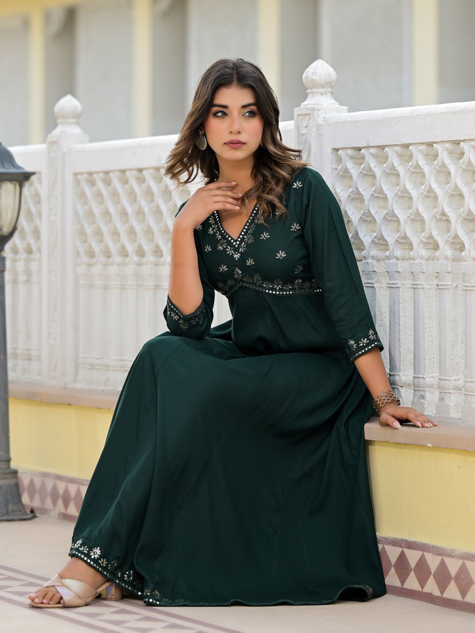 Juniper Bottle Green Mirror Embroidered Rayon Dress With Sequins 