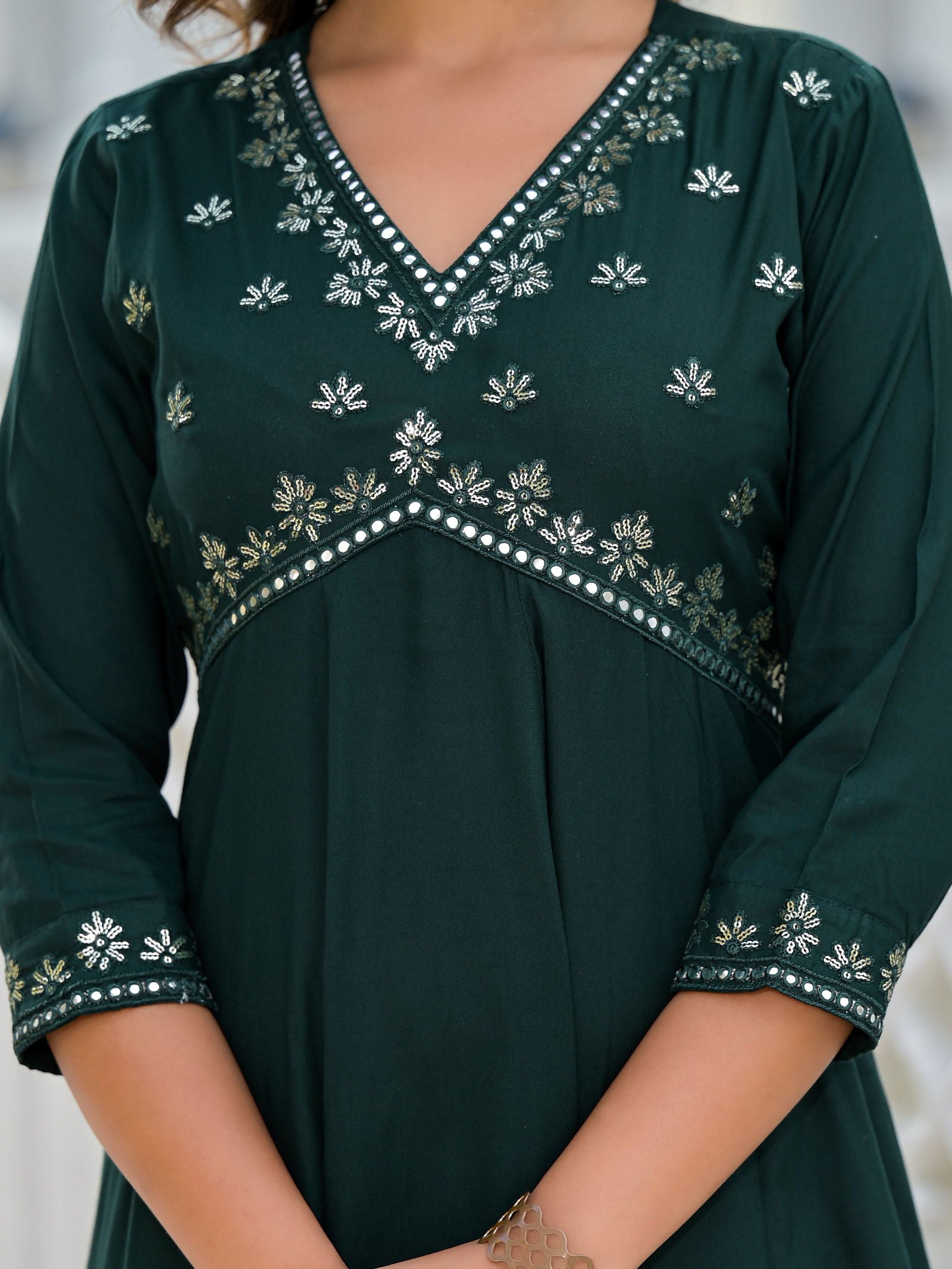 Juniper Bottle Green Mirror Embroidered Rayon Dress With Sequins 