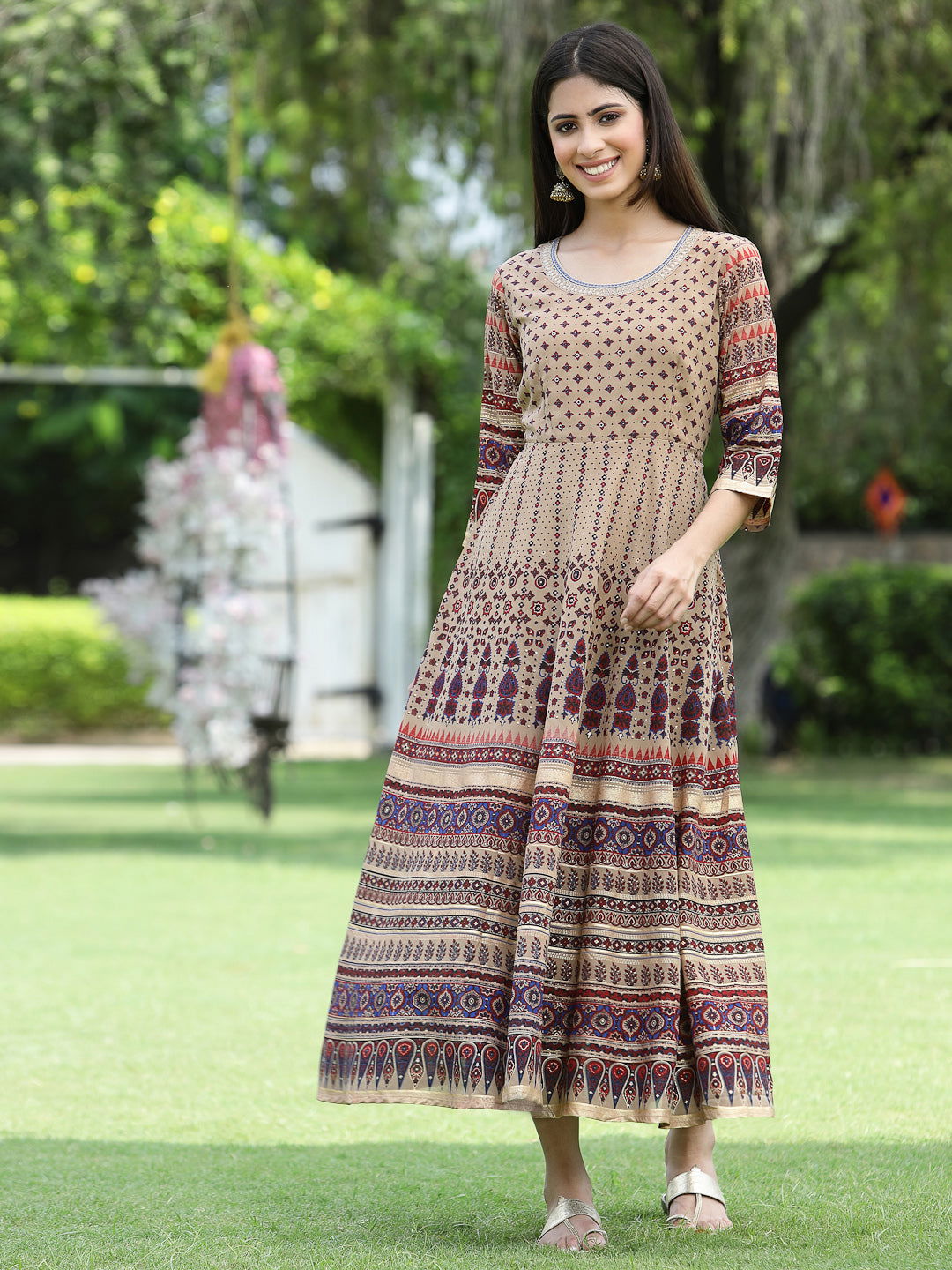 Juniper Brown Ethnic Motif Printed & Embroidered Georgette Maxi Dress 