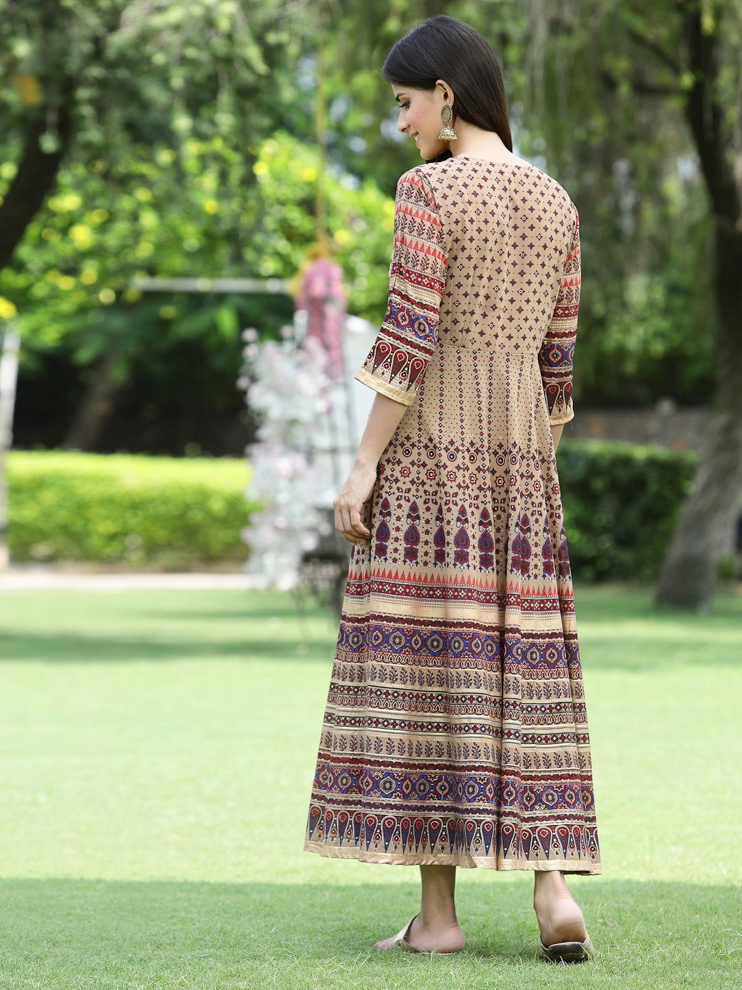 Juniper Brown Ethnic Motif Printed & Embroidered Georgette Maxi Dress 