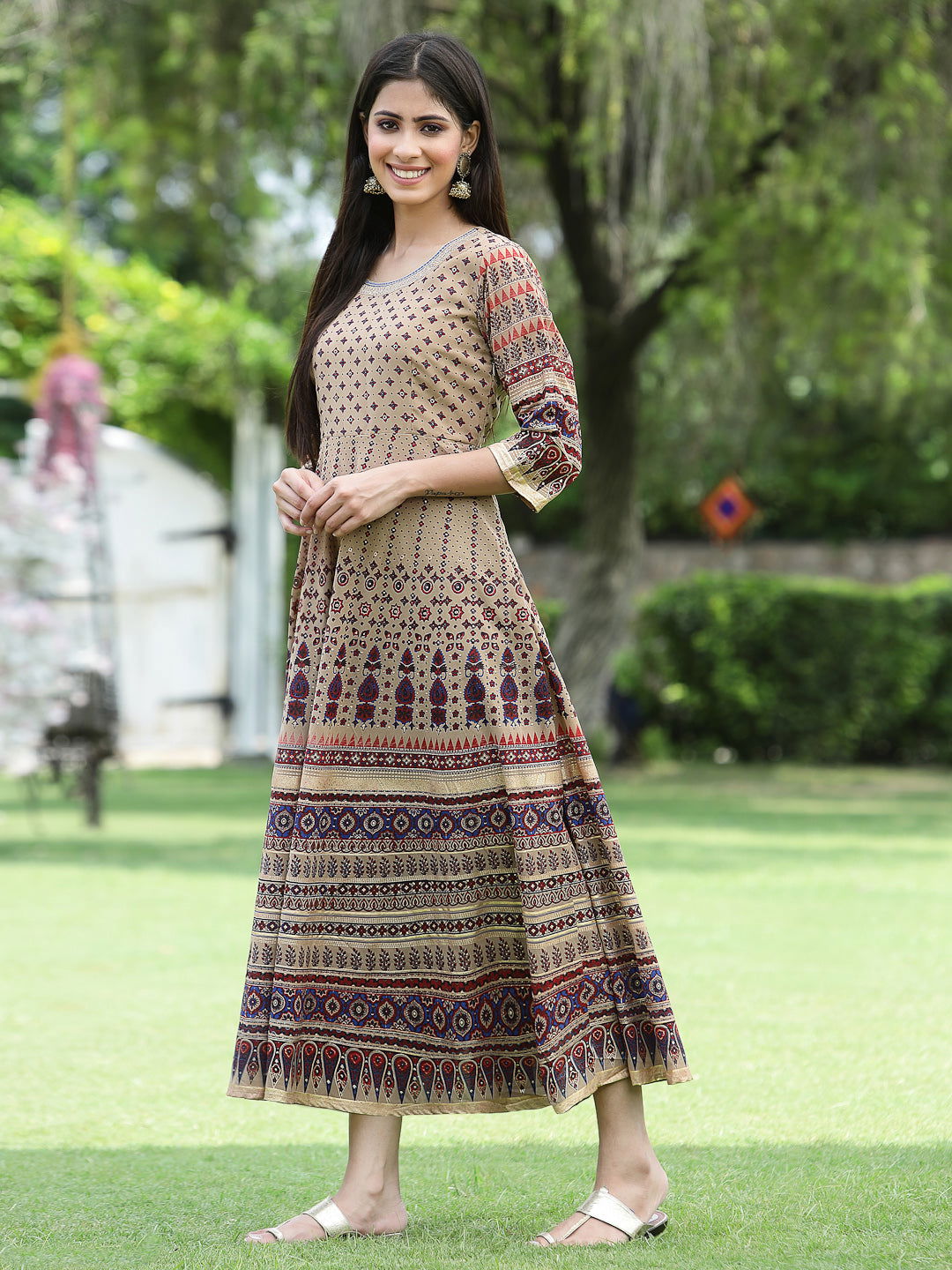 Juniper Brown Ethnic Motif Printed & Embroidered Georgette Maxi Dress 