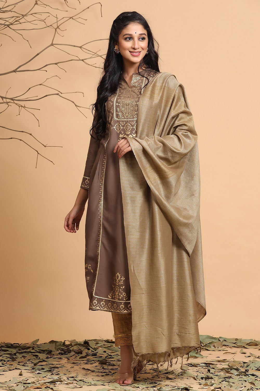 Juniper Brown Ethnic Motif Printed Rayon Kurta With Dupatta Set 