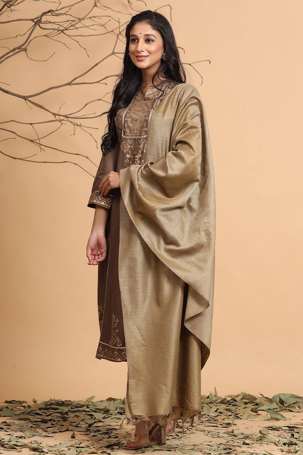 Juniper Brown Ethnic Motif Printed Rayon Kurta With Dupatta Set 