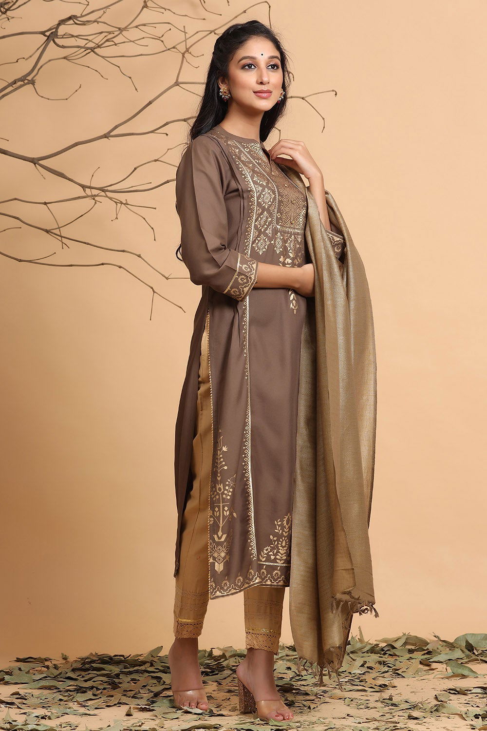Juniper Brown Ethnic Motif Printed Rayon Kurta With Dupatta Set 