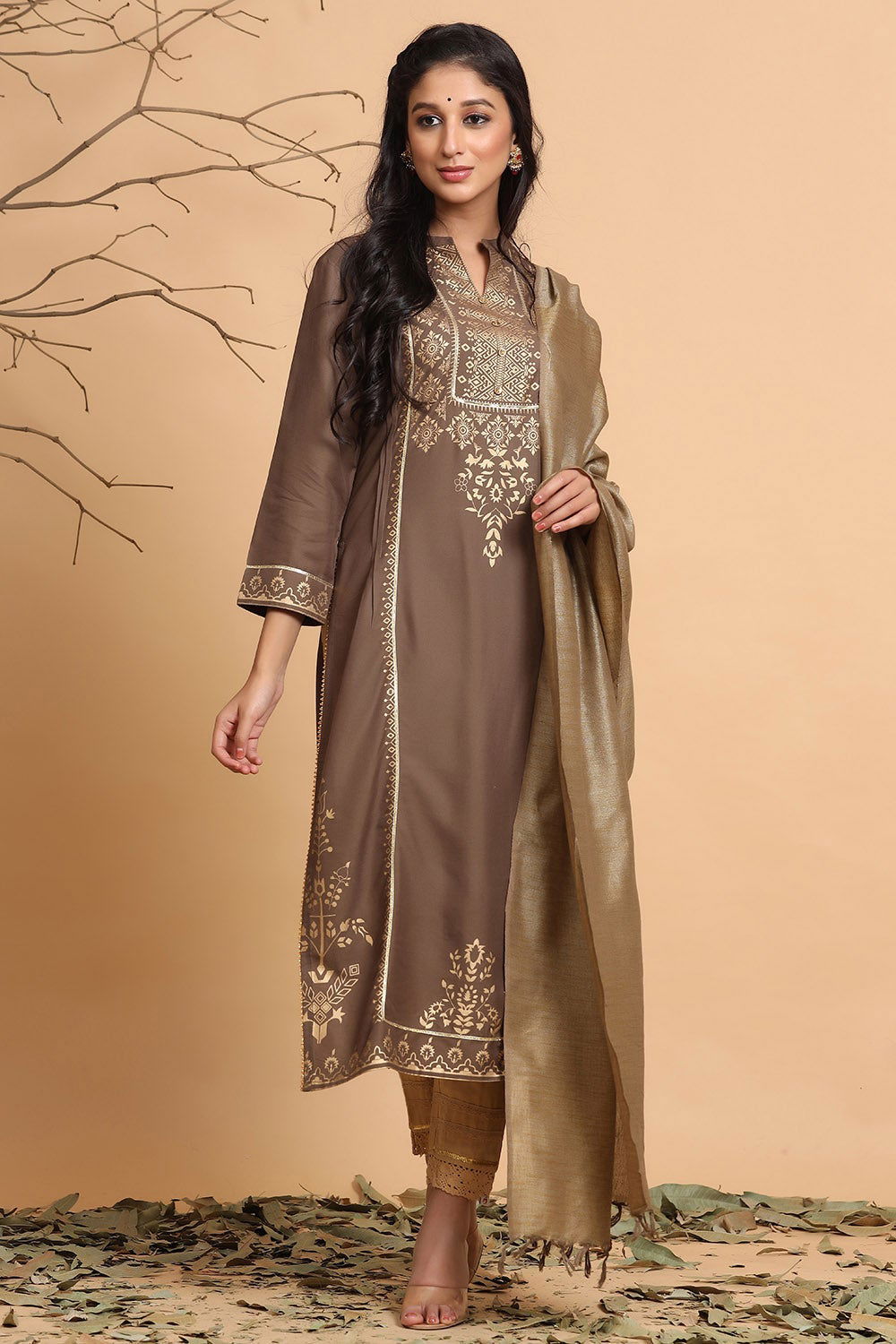 Juniper Brown Ethnic Motif Printed Rayon Kurta With Dupatta Set 
