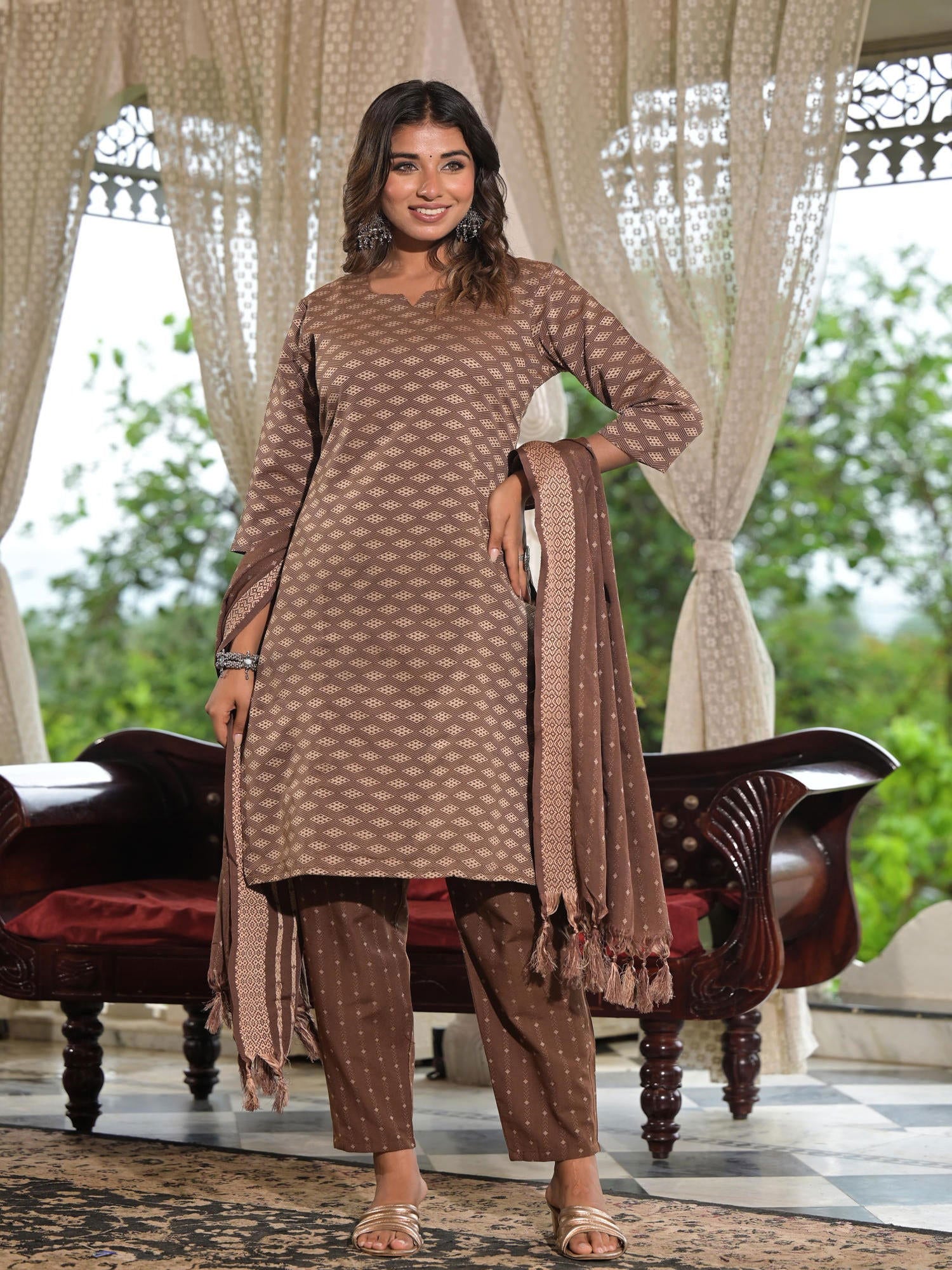 Juniper Brown Geometric Printed Cotton Kurta Pant Set With Tassels On Dupatta 