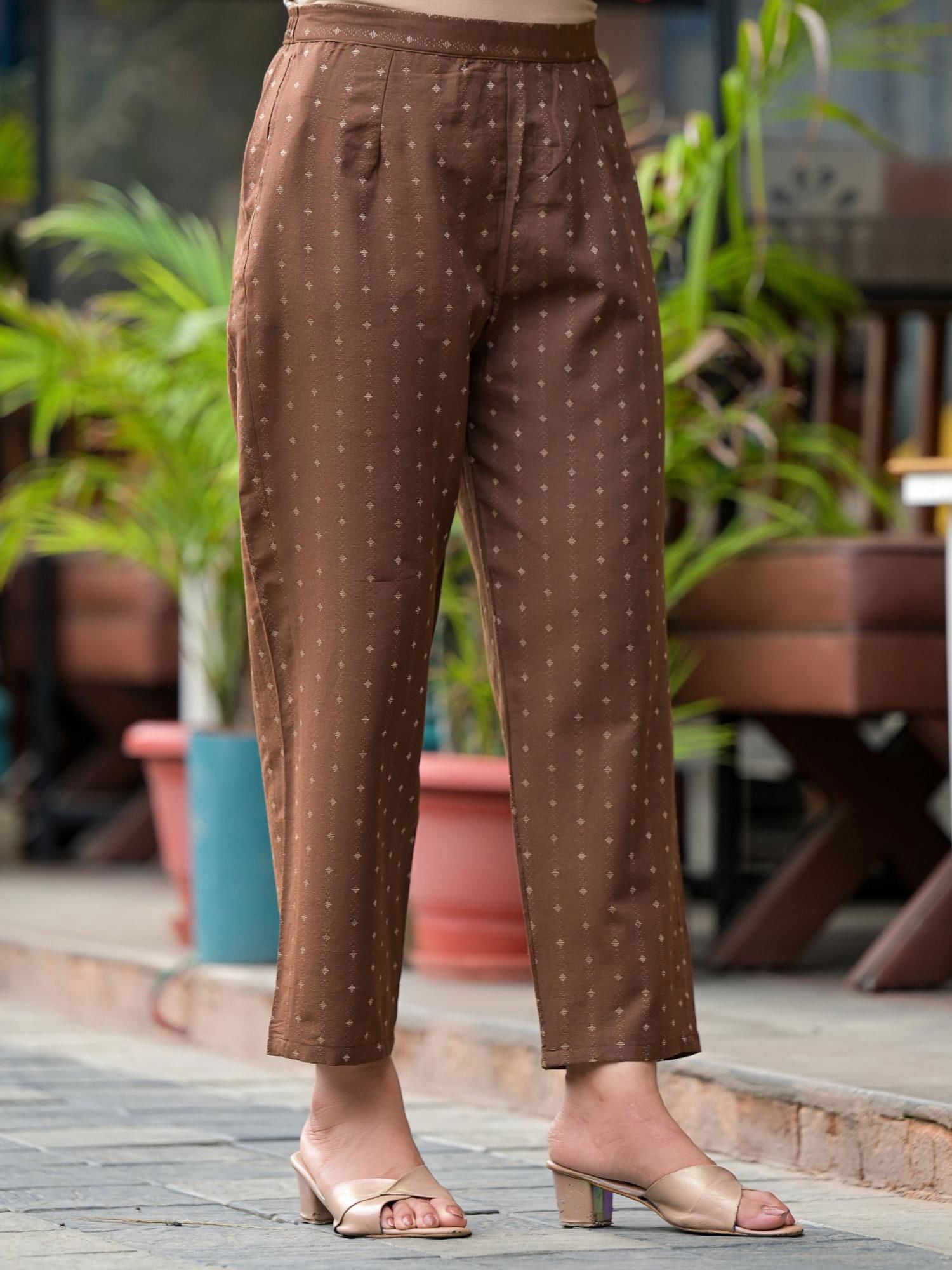 Juniper Brown Geometric Printed Cotton Kurta Pant Set With Tassels On Dupatta 