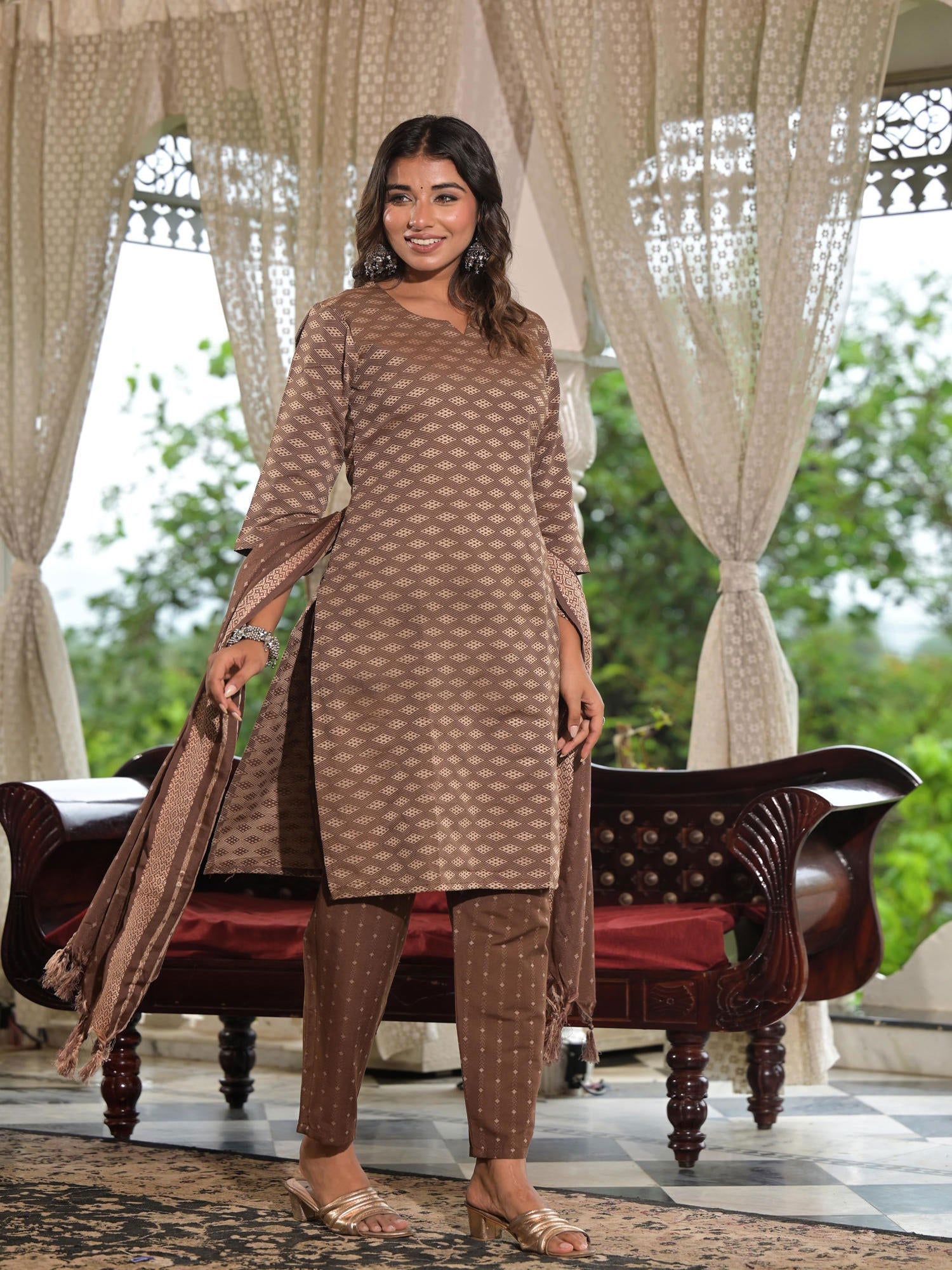 Juniper Brown Geometric Printed Cotton Kurta Pant Set With Tassels On Dupatta 