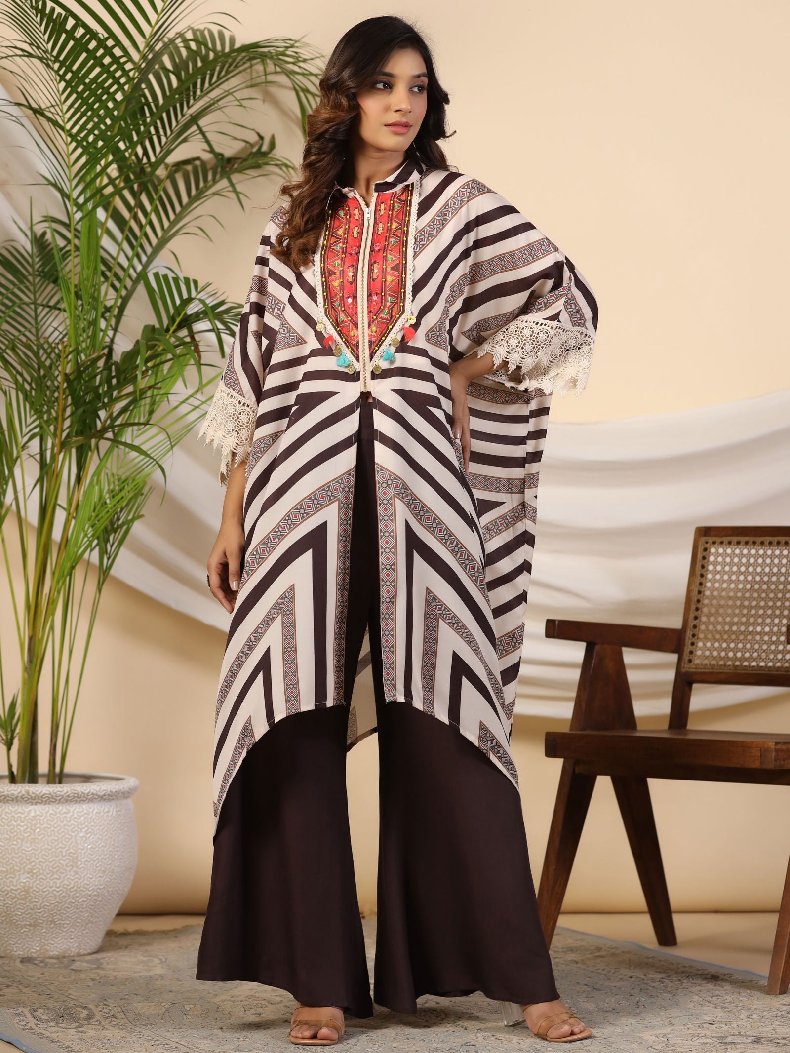 Juniper Brown Stripe Print Cotton Lacy Kaftan & Pants Co-Ord Set & Inner With Contrast Kantha And Bead Work 