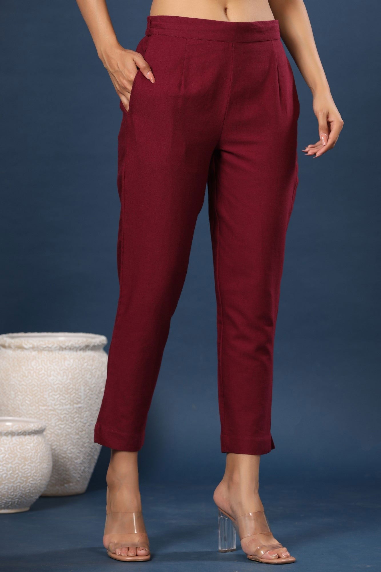 Juniper Burgundy Solid Cotton Flex Slim Fit Women Pants With Two Pockets 