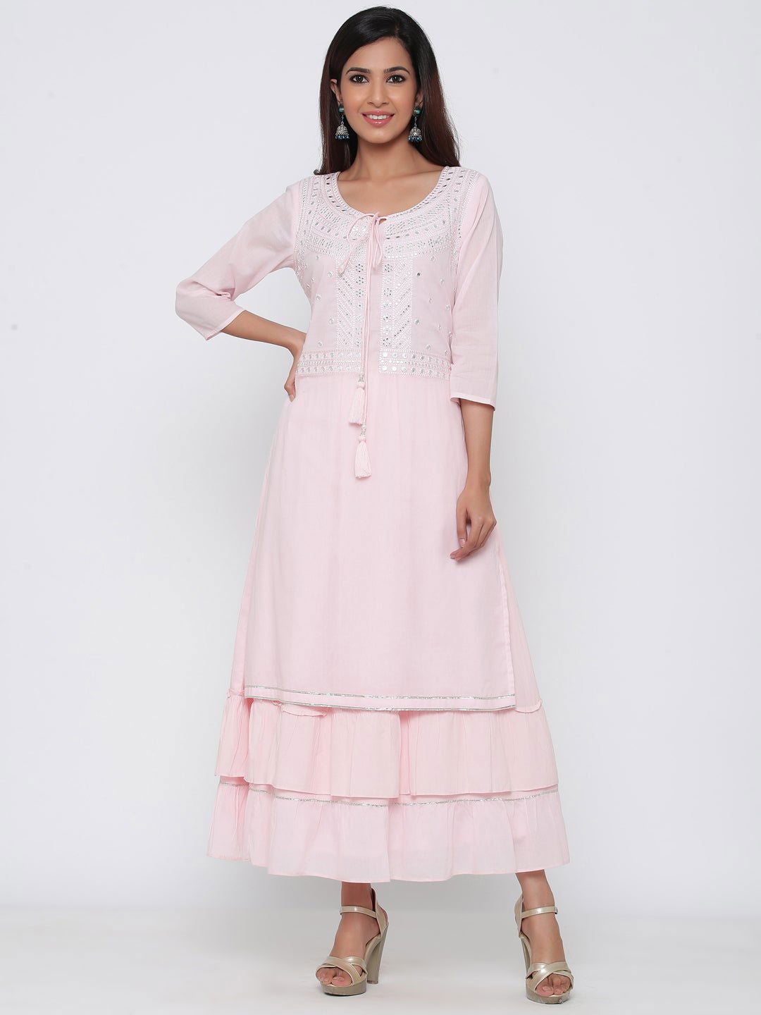 Juniper Copy of Babypink Cotton Embellished Flared Dress 