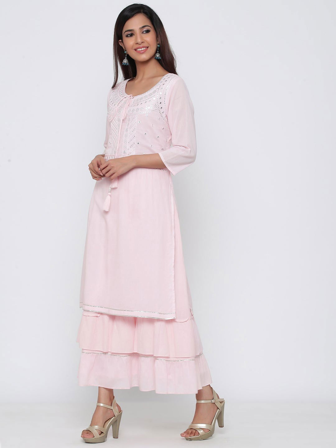 Juniper Copy of Babypink Cotton Embellished Flared Dress 