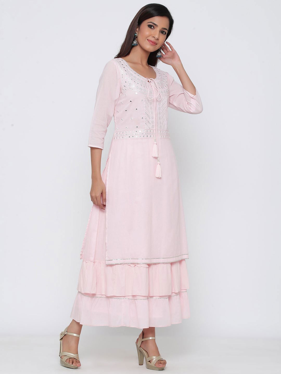 Juniper Copy of Babypink Cotton Embellished Flared Dress 