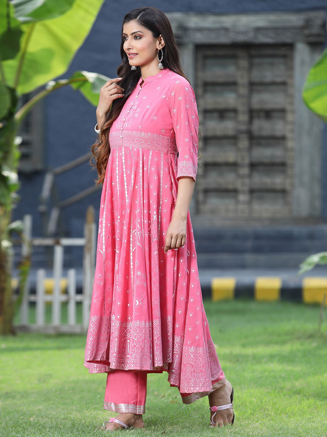 Juniper Coral Ethnic Motif Printed Georgette Anarkali Kurta & Palazzo Set With Buttons 