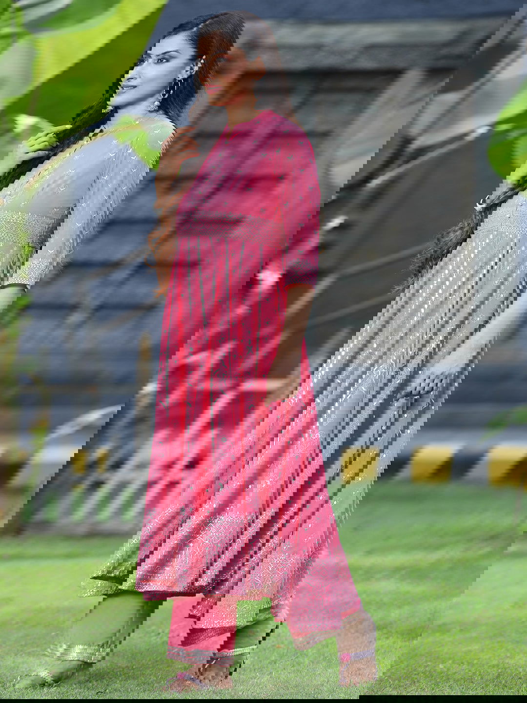 Juniper Coral Ethnic Motif Printed Georgette Anarkali Kurta & Palazzo Set With Buttons 