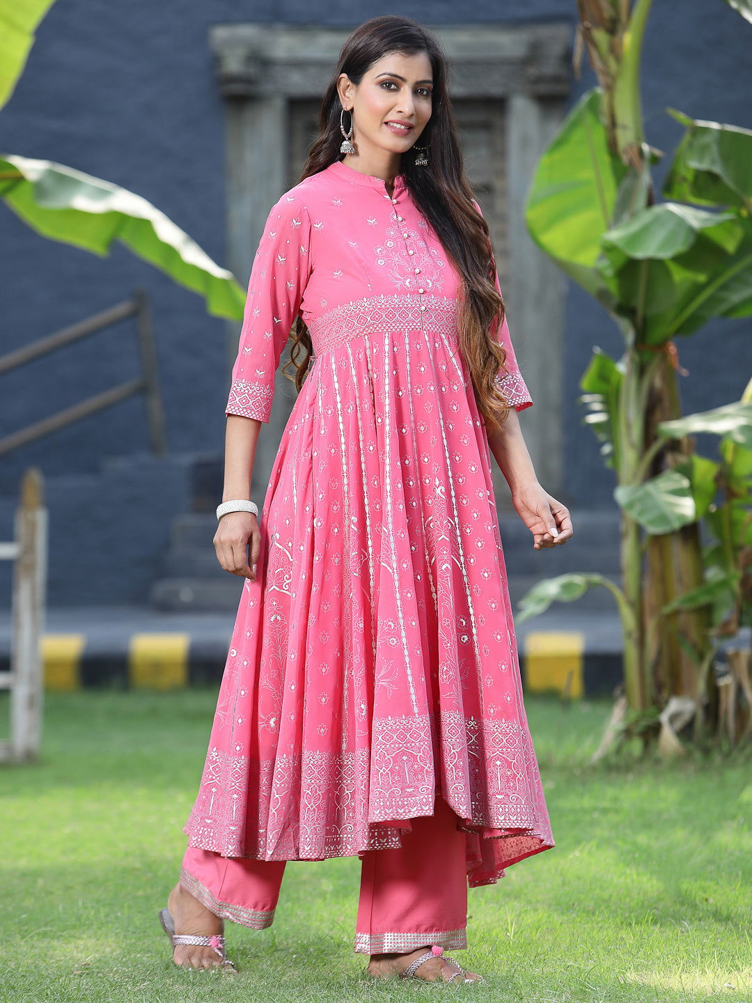 Juniper Coral Ethnic Motif Printed Georgette Anarkali Kurta & Palazzo Set With Buttons 