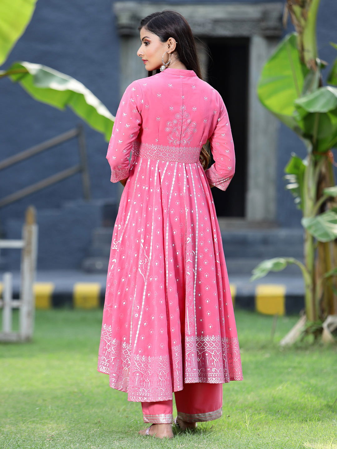 Juniper Coral Ethnic Motif Printed Georgette Anarkali Kurta & Palazzo Set With Buttons 