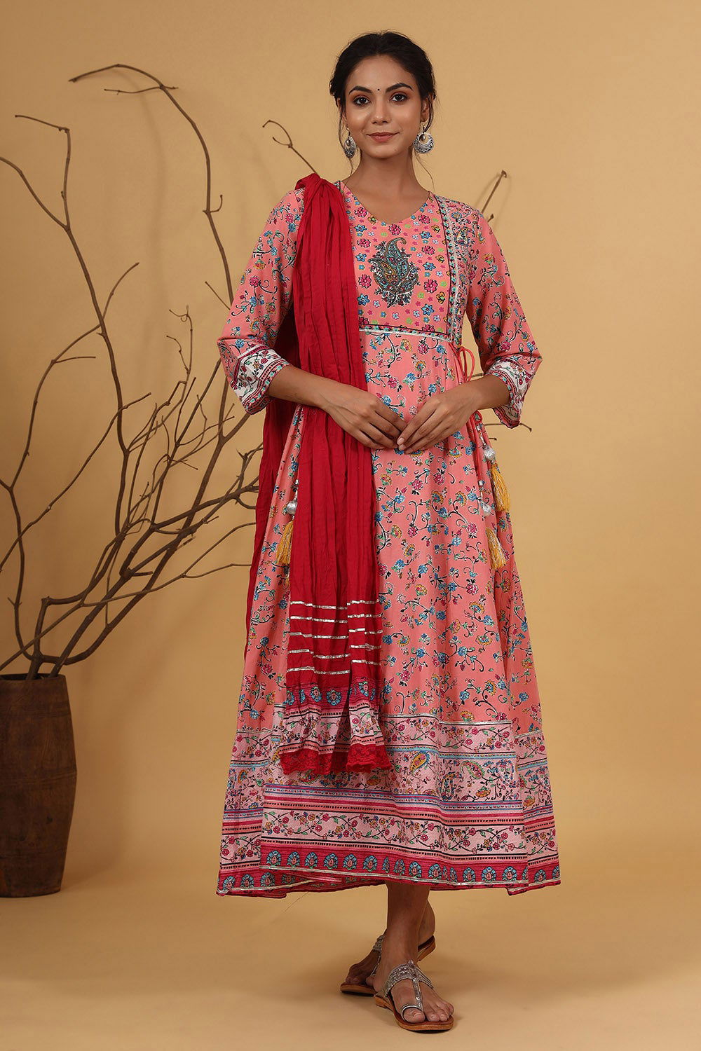 Juniper Coral Floral Printed Anarkali Lacy Dress & Contrast Dupatta With Side Dori Tie-Up & Tassels At Waist 