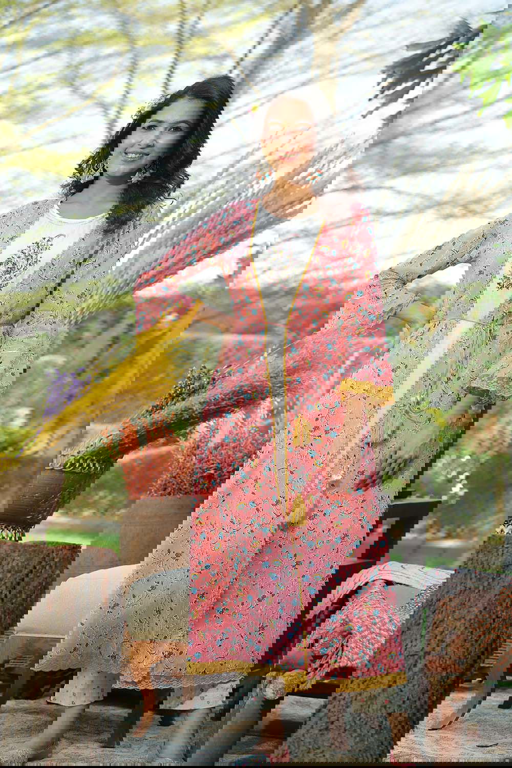 Juniper Coral Floral Printed Cotton Lacy Jacket Style Kurta With Thread Work & Dori At Waist 