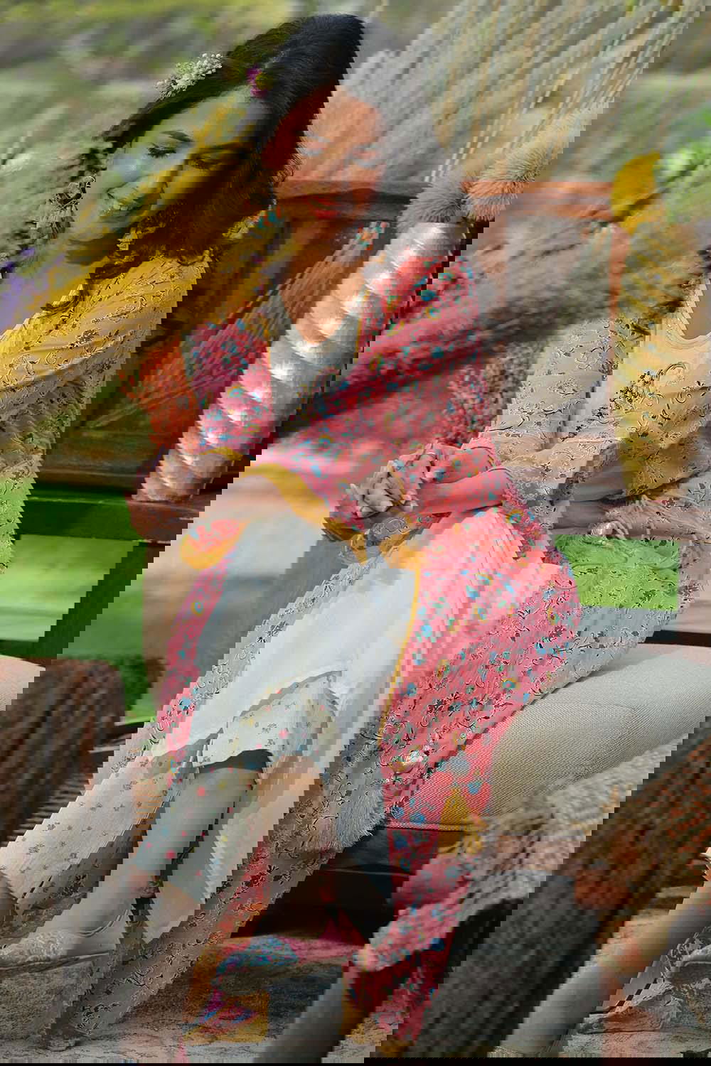 Juniper Coral Floral Printed Cotton Lacy Jacket Style Kurta With Thread Work & Dori At Waist 