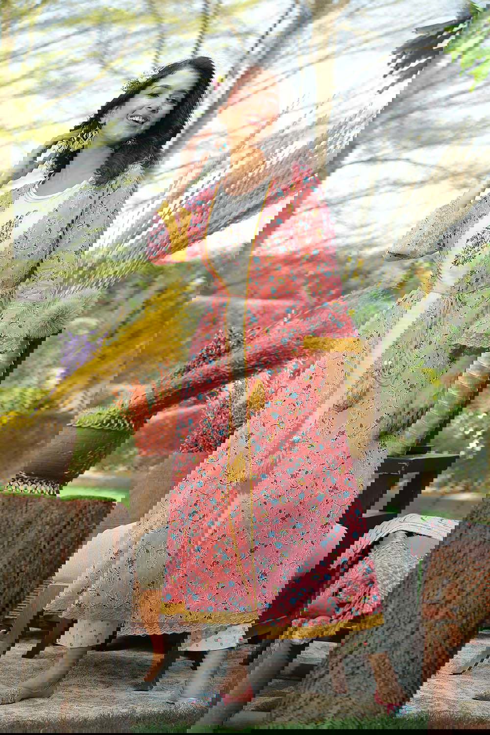 Juniper Coral Floral Printed Cotton Lacy Jacket Style Kurta With Thread Work & Dori At Waist 