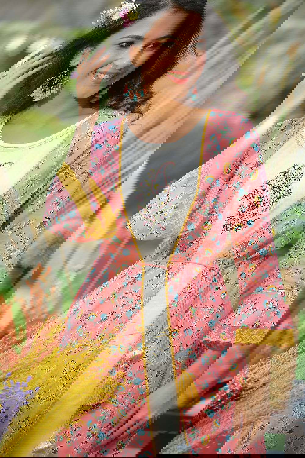 Juniper Coral Floral Printed Cotton Lacy Jacket Style Kurta With Thread Work & Dori At Waist 