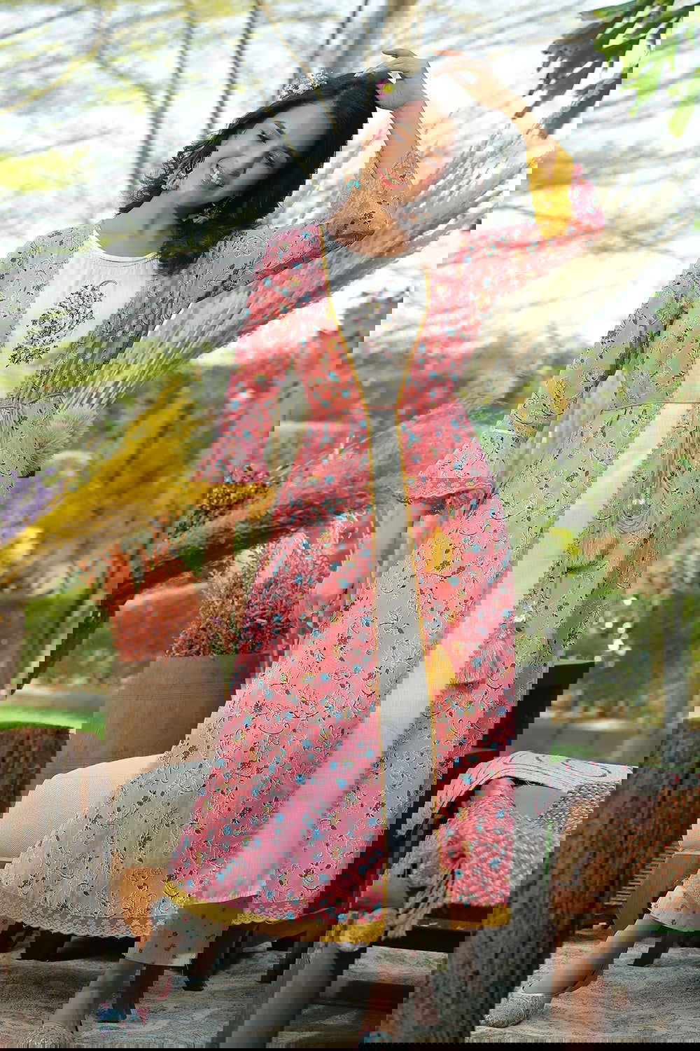 Juniper Coral Floral Printed Cotton Lacy Jacket Style Kurta With Thread Work & Dori At Waist 