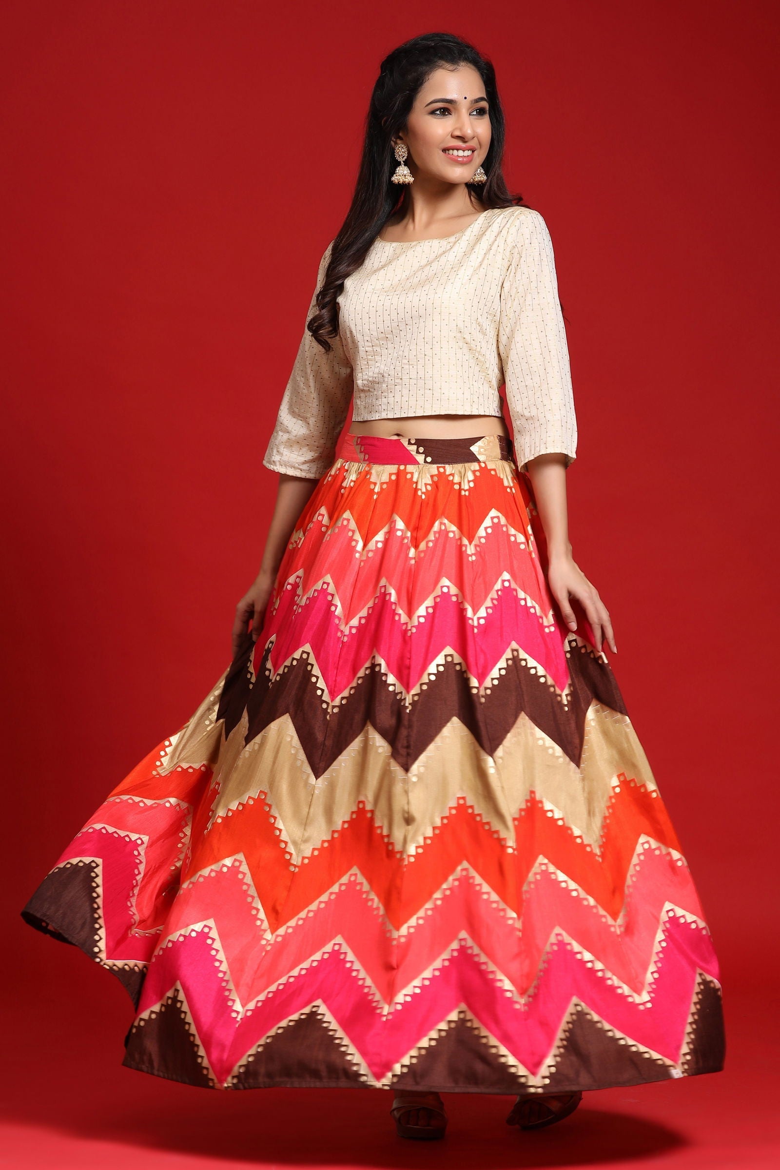 Juniper Coral Silk Crepe Striped Print Lehenga Choli Set 