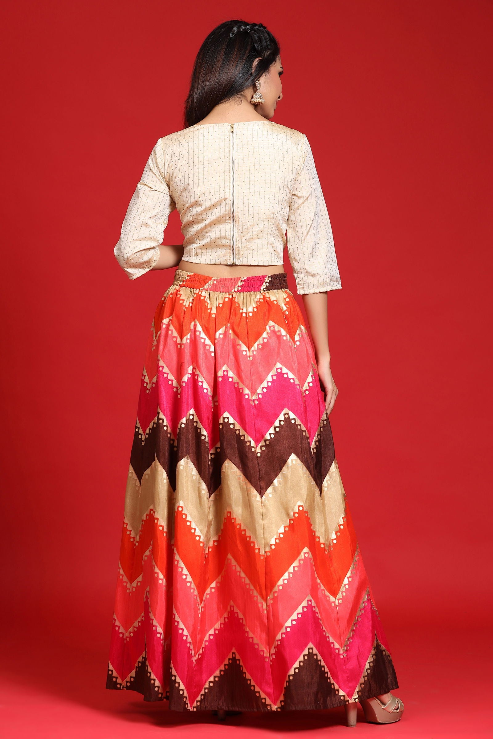 Juniper Coral Silk Crepe Striped Print Lehenga Choli Set 