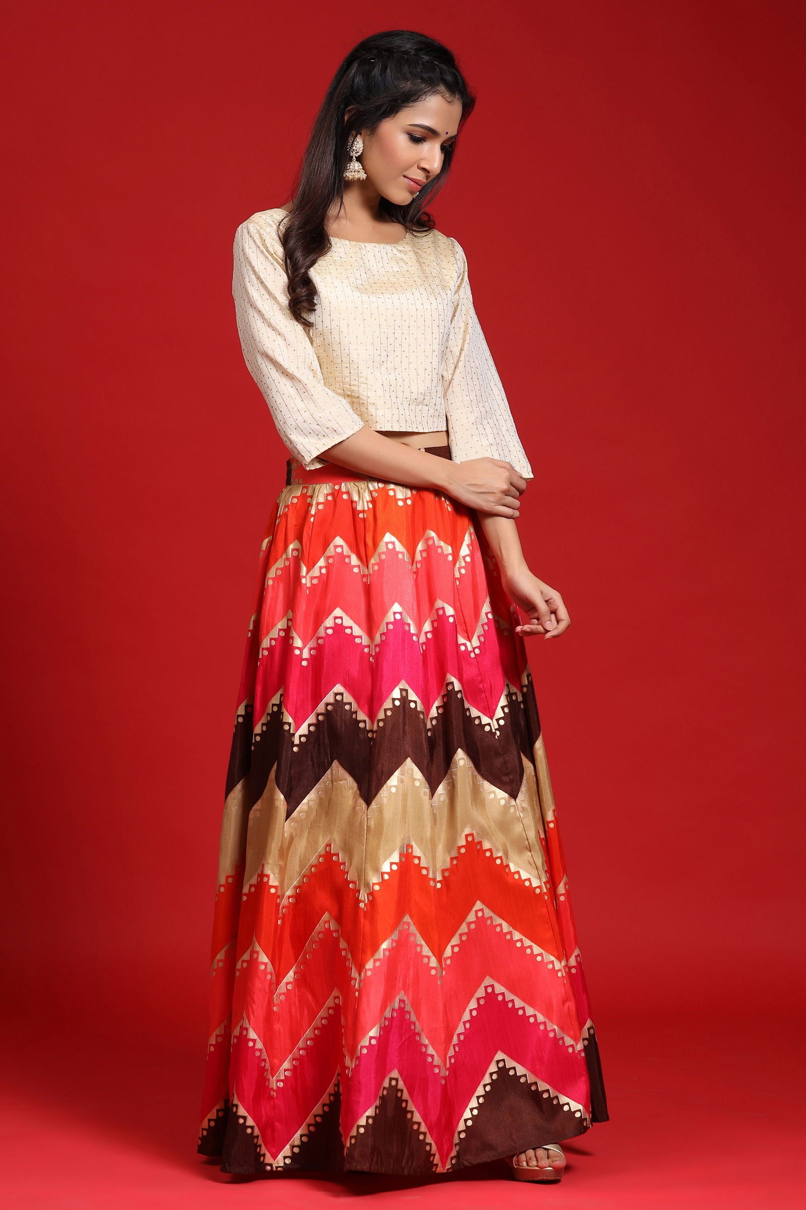 Juniper Coral Silk Crepe Striped Print Lehenga Choli Set 
