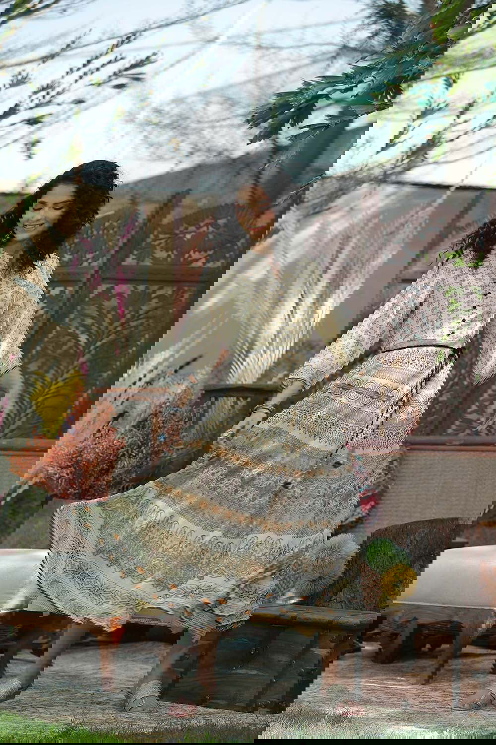 Juniper Cream Ethnic Motif Printed Georgette Tiered Maxi dress 