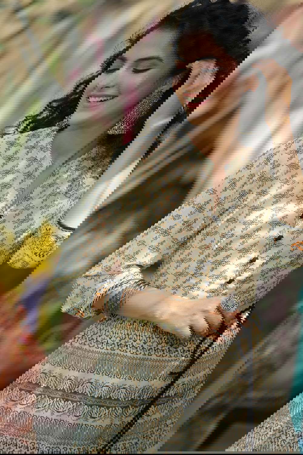 Juniper Cream Ethnic Motif Printed Georgette Tiered Maxi dress 