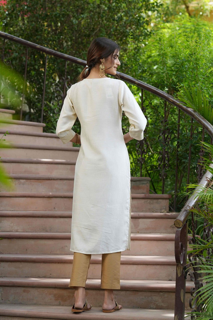 Juniper Cream Ethnic Motif Printed Silk Straight Kurta With Zari Work Embroidery 