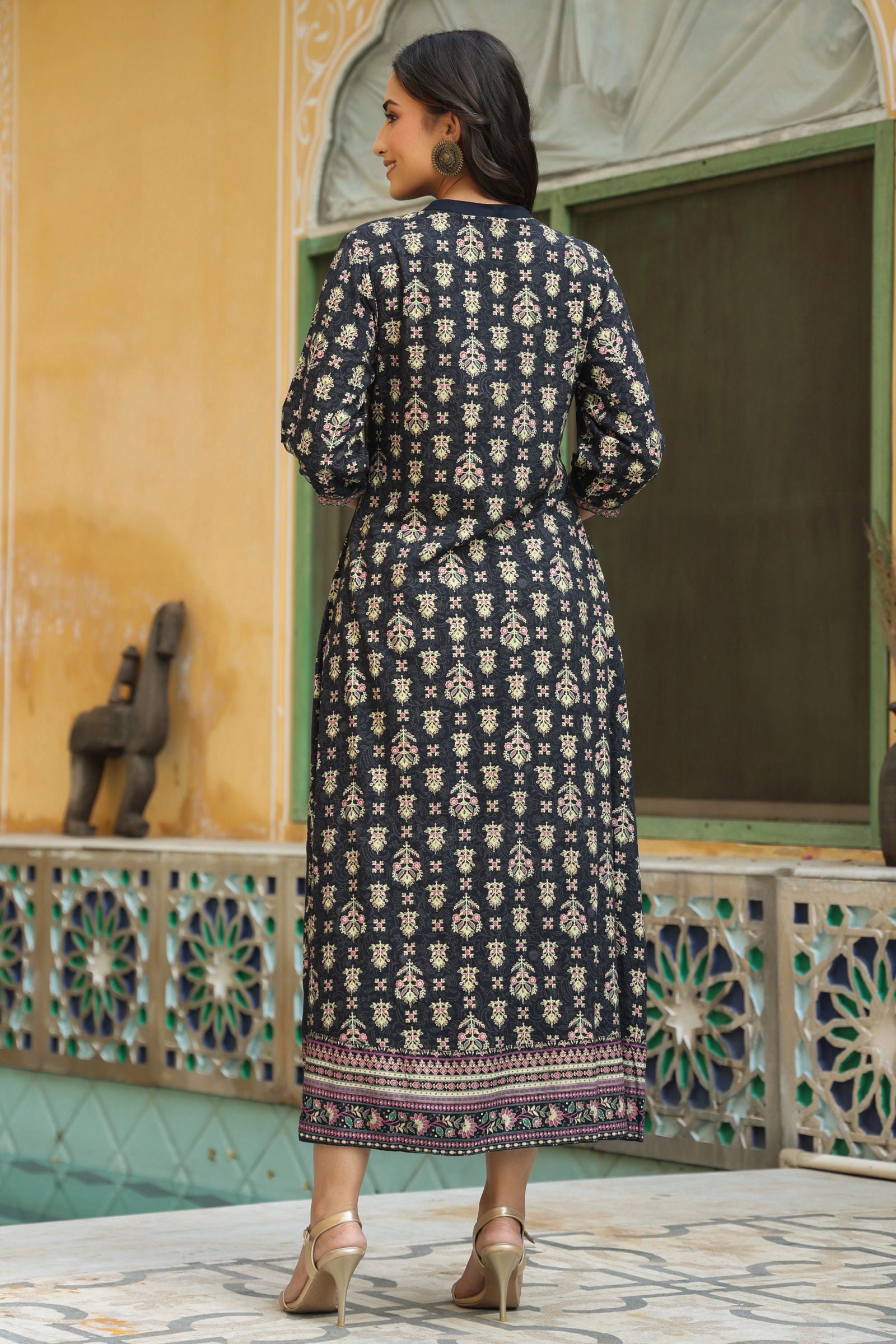 Juniper Dark Blue Ethnic Motif Printed Rayon Maxi Dress with Lace Work 