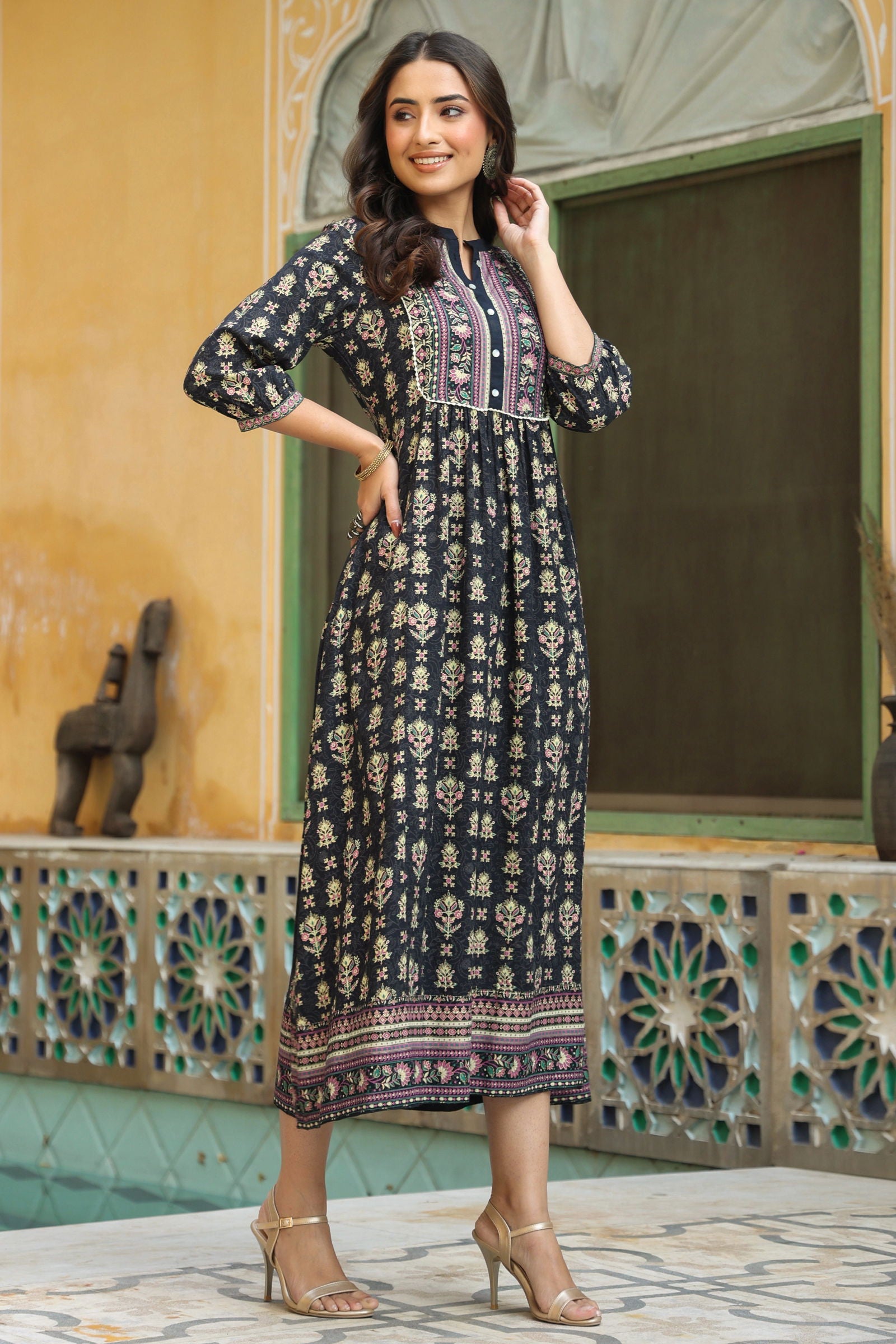 Juniper Dark Blue Ethnic Motif Printed Rayon Maxi Dress with Lace Work 