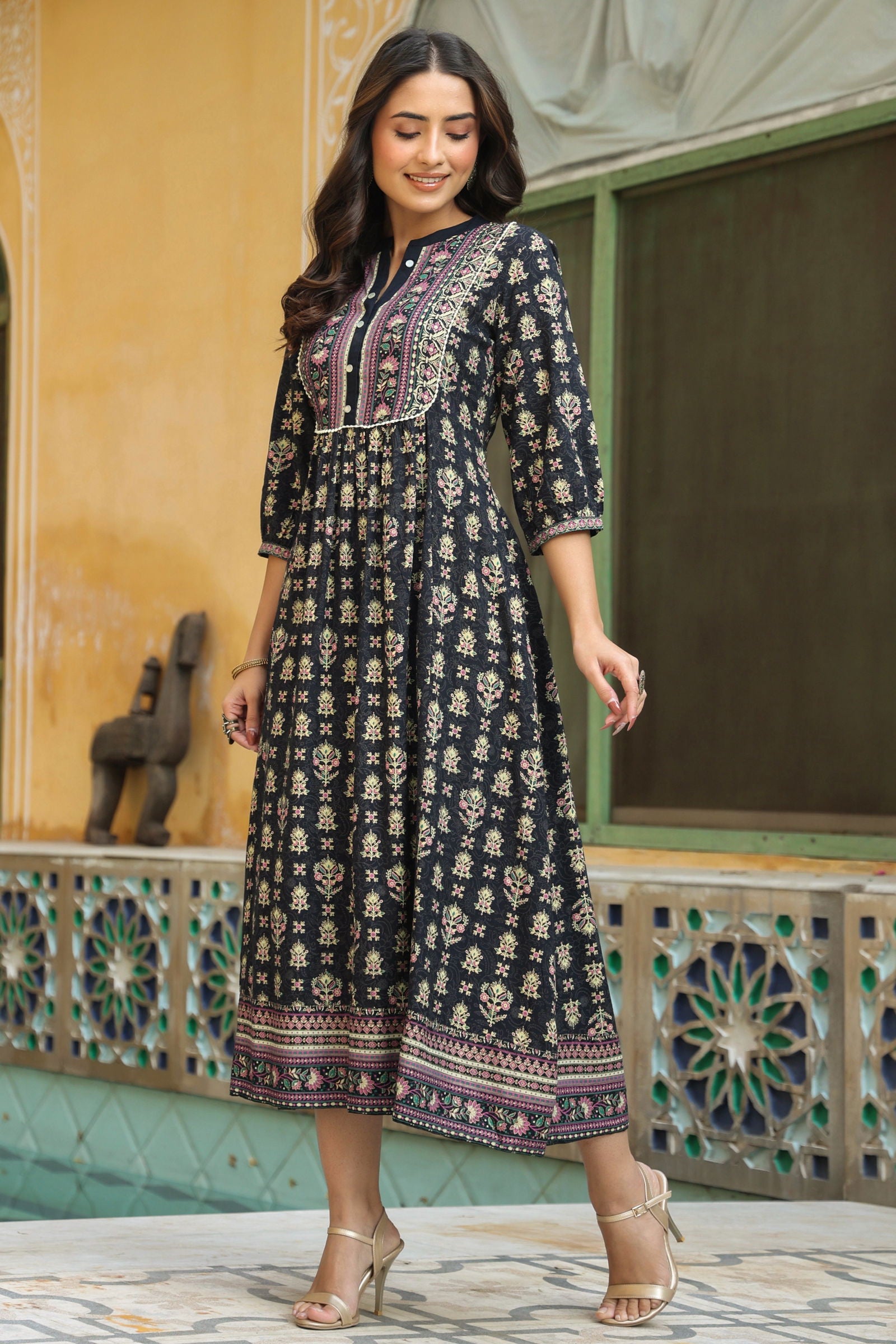 Juniper Dark Blue Ethnic Motif Printed Rayon Maxi Dress with Lace Work 
