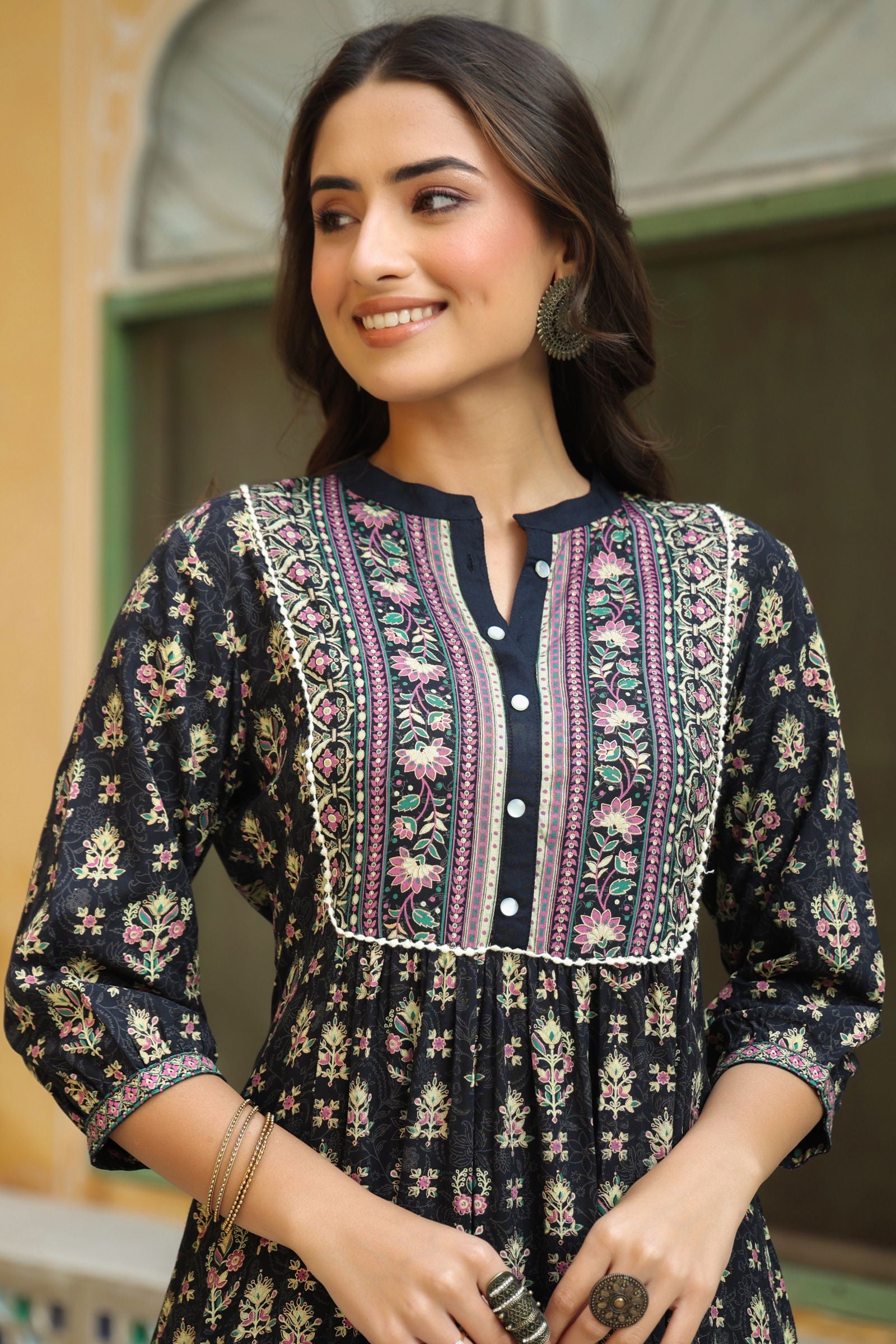 Juniper Dark Blue Ethnic Motif Printed Rayon Maxi Dress with Lace Work 